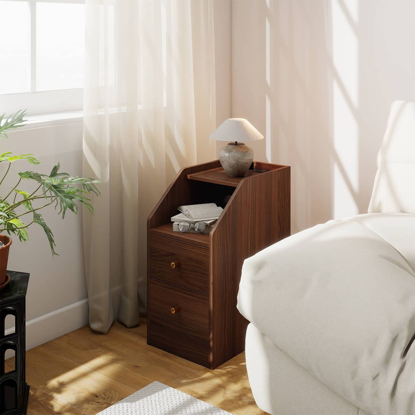 Alt View 1. Costway - Costway Side Table with Charging Station, Storage Drawers, Sofa Couch Table for Small Space - Walnut.