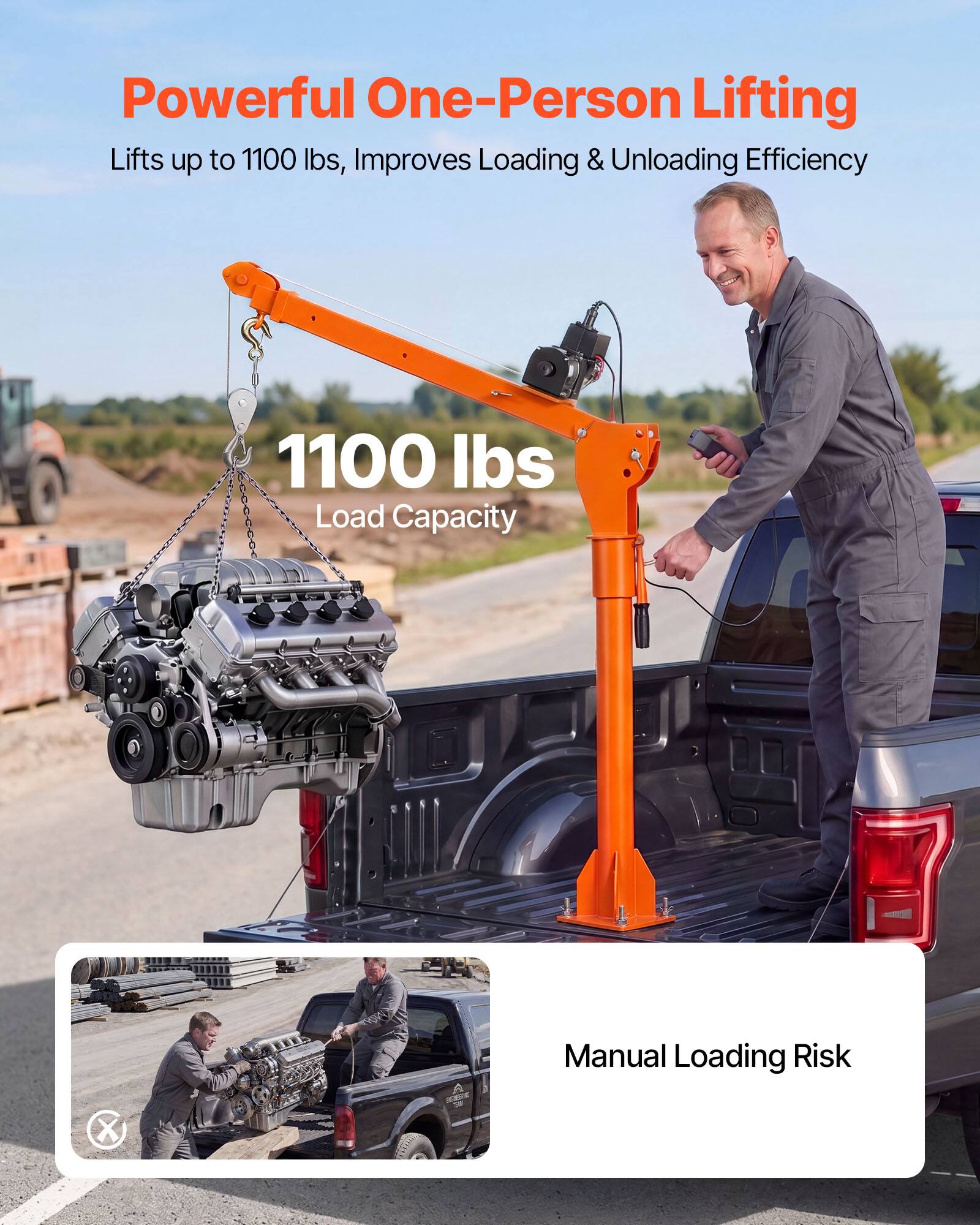 Powerful One-Person Lifting  
Lifts up to 1100 lbs, Improves Loading & Unloading Efficiency  

1100 lbs Load Capacity  

Manual Loading Risk