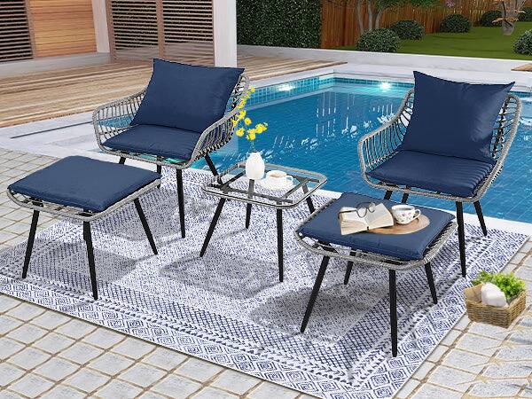 Alt View 3. Boyel Living - Gray Blue 5-Piece Set Outdoor Patio Bistro with 2 chairs 2 ottomans and 1 square table - Gray.
