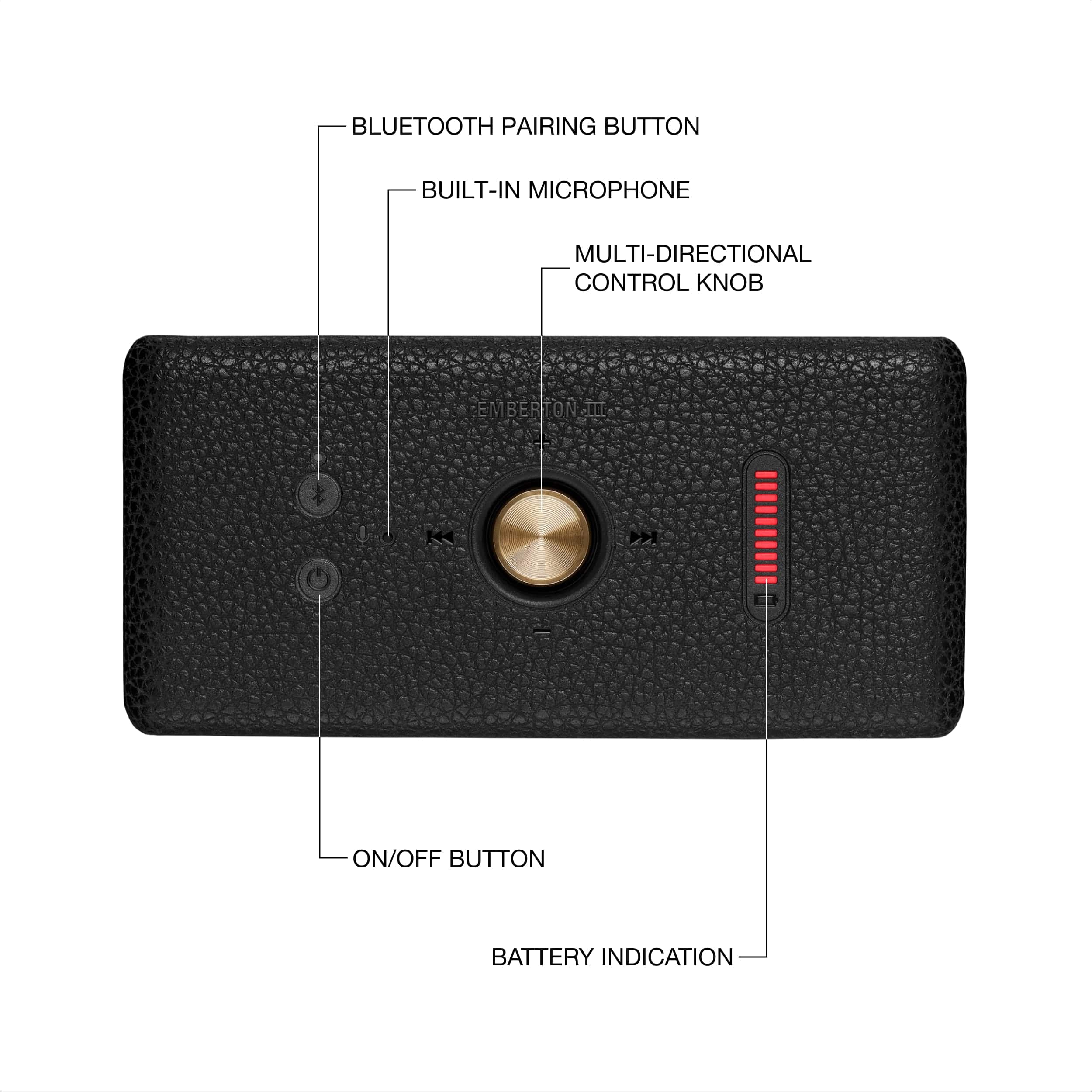 The image shows a close-up view of a device with a black leather case. The device has a blue tooth pairing button, a built-in microphone, a multi-directional control knob, and an on/off button. The device also has a battery indication feature.