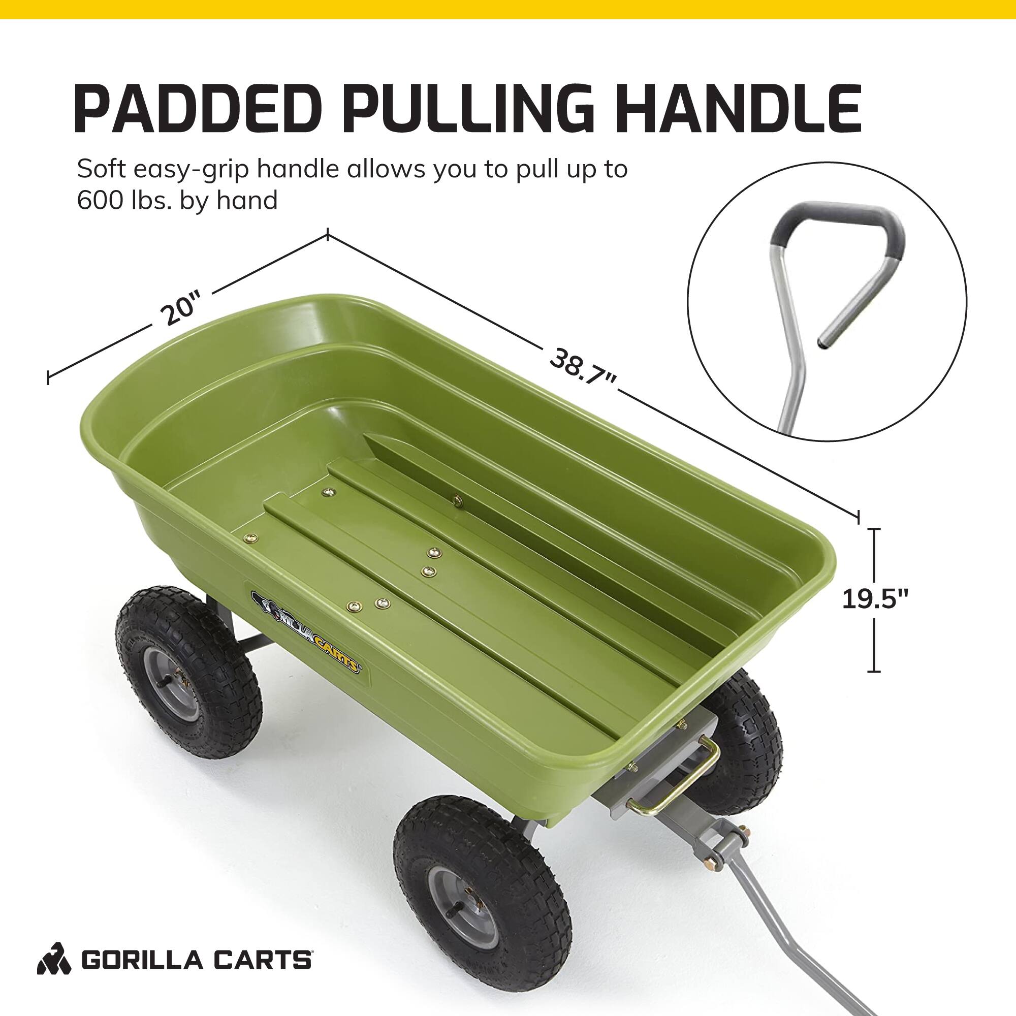 PADDED PULLING HANDLE  
Soft easy-grip handle allows you to pull up to 600 lbs. by hand  

- 20"  
- 38.7"  
- 19.5"  

GORILLA CARTS