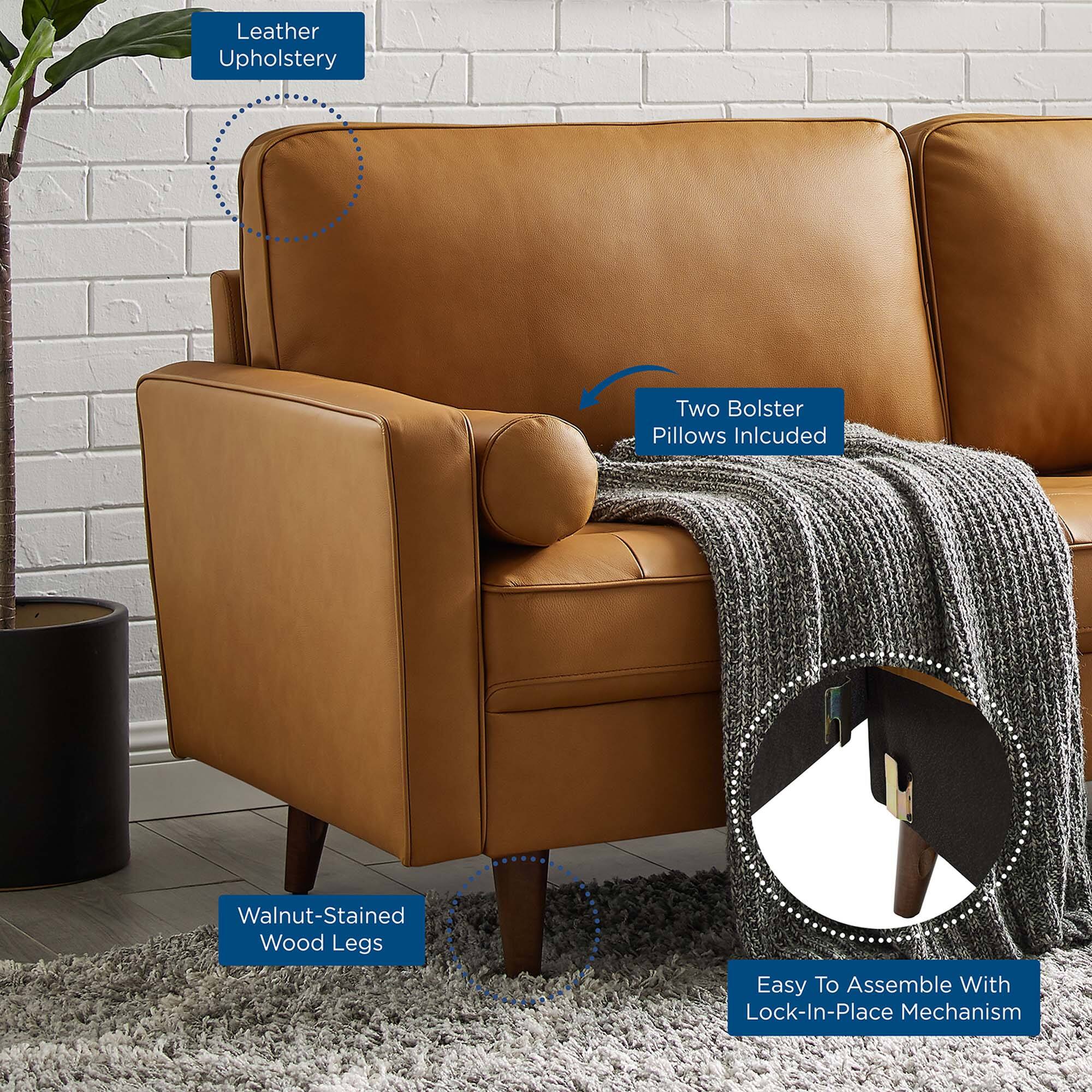 Leather Upholstery  
Two Bolster Pillows Included  
Walnut-Stained Wood Legs  
Easy To Assemble With Lock-In-Place Mechanism
