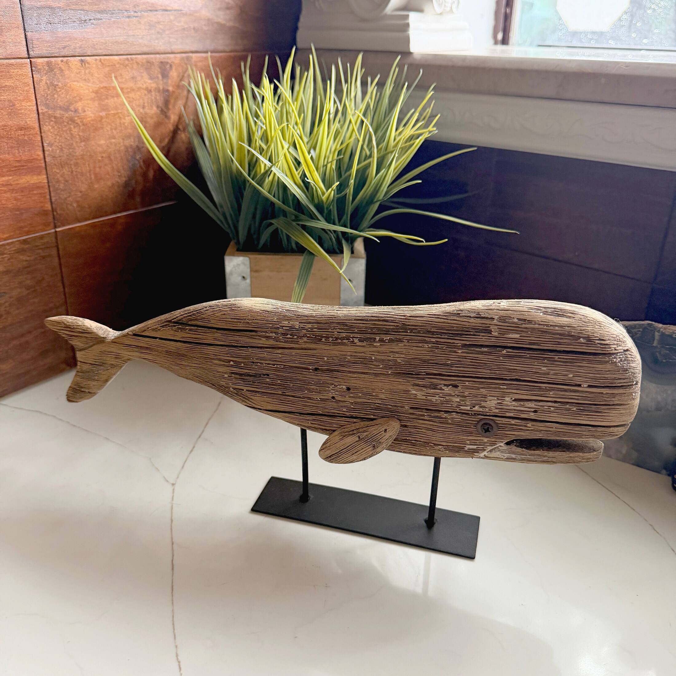 Alt View 4. Things2Die4 - Wood Whale Statue on Stand Rustic Coastal 13.5 Inches Long Shelf Decor - Natural.