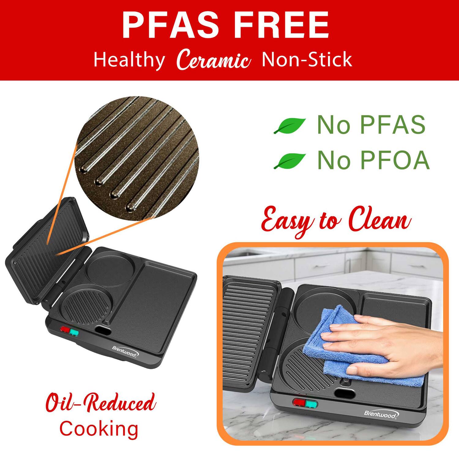 PFAS FREE Healthy Ceramic Non-Stick No PFAS No PFOA Easy to Clean Brentwood Oil-Reduced Cooking