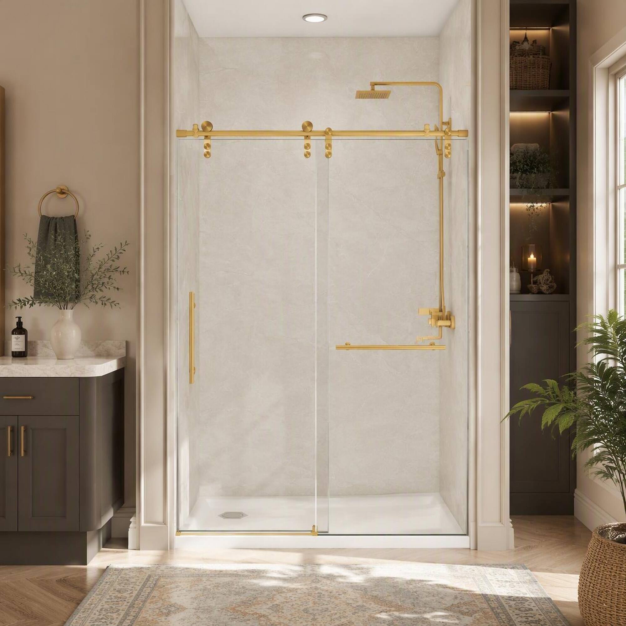 Angle. RYHNUYNE - 50-54 In X 76 In H Frameless Sliding Shower Door, 5/16 In Clear Tempered Glass Brushed Gold Finish - Brushed Gold.