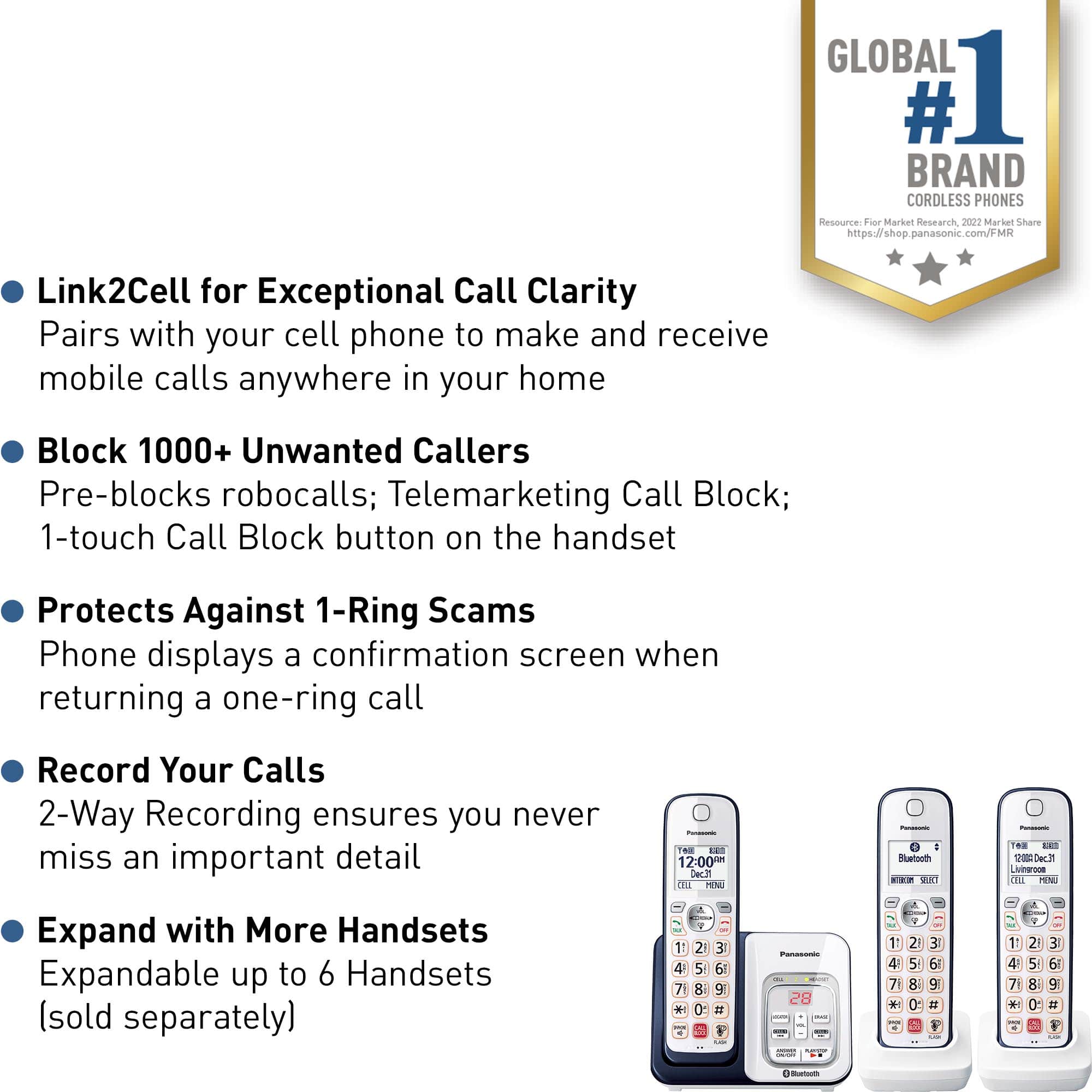 GLOBAL # 1 BRAND CORDLESS PHONES
Resource: For Market Research 2022 Market Share panasonic.com/Link2Cell for Exceptional Call Clarity
Pairs with your cell phone to make and receive mobile calls anywhere in your home
Block 1000+ Unwanted Callers
Pre-blocks robocalls; Telemarketing Call Block; 1-touch Call Block button on the handset
Protects Against 1-Ring Scams
Phone displays a confirmation screen when returning a one-ring call
Record Your Calls
2-Way Recording ensures you never miss an important detail
Expand with More Handsets
Expandable up to 6 Handsets (sold separately)