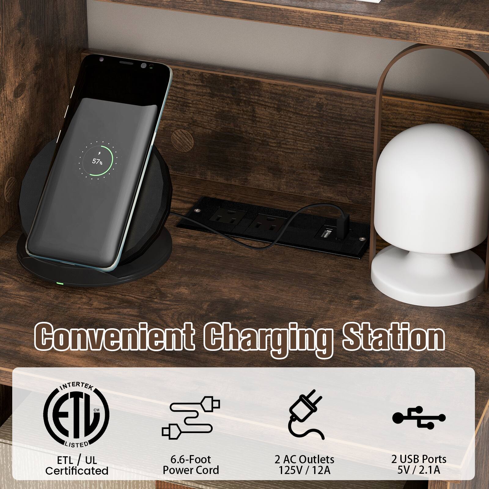 Convenient Charging Station: 57%

Intertek CM ETD Listed ETL / UL
6.6-Foot 2 AC Outlets
2 USB Ports
Certificated Power Cord
125V / 12A
12A 5V
5V/2.1A