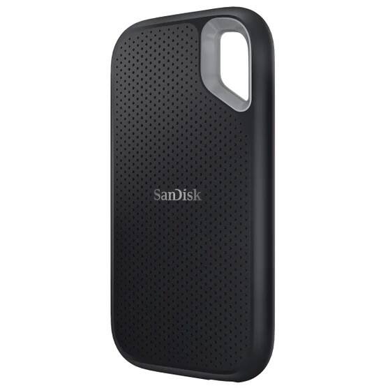 Angle. SANDISK - Extreme Go Portable SSD 2TB, USB-C, NVMe, Up to 1050MB/s, IP65 Water and Dust Resistance - Black.