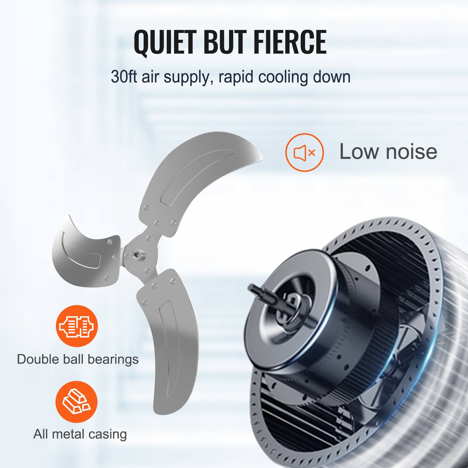 QUIET BUT FIERCE
30ft air supply, rapid cooling down
Low noise
Double ball bearings
All metal casing