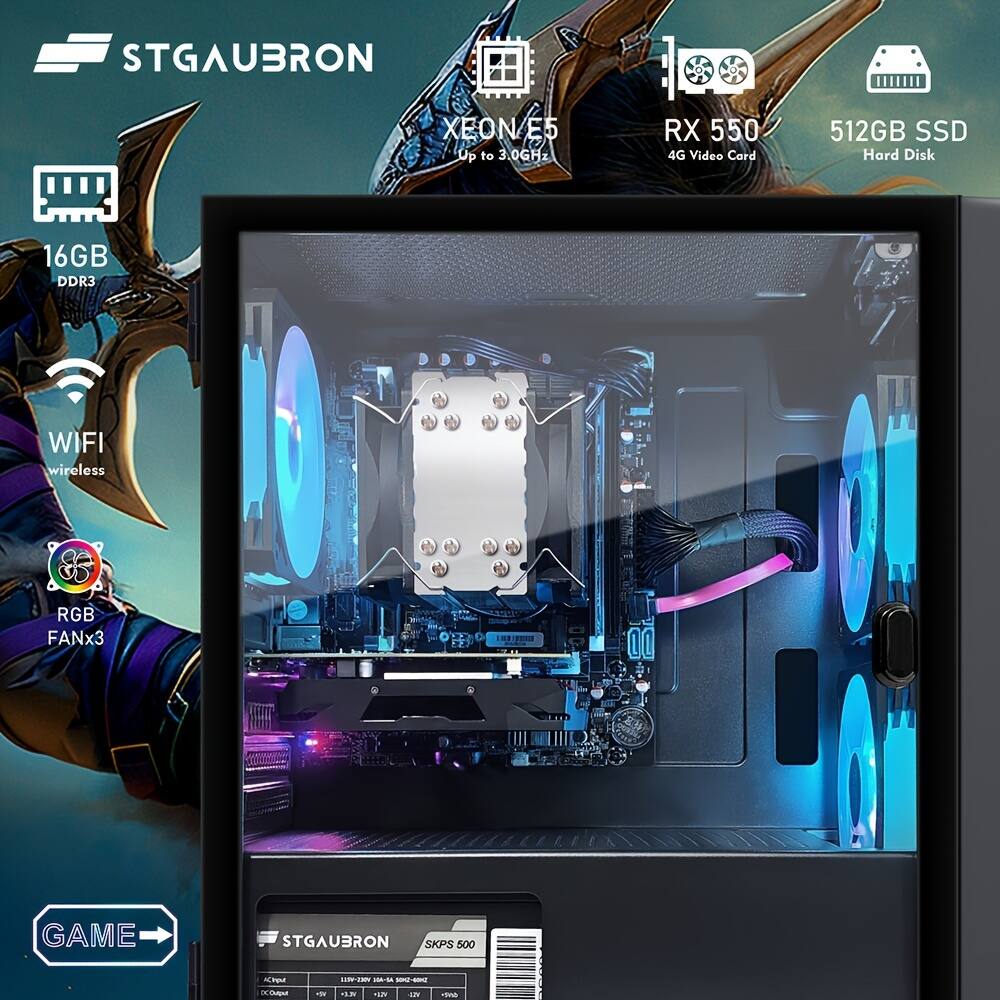 STGAUBRON
XEON E5 Up to 3.0GHz
RX 550 4G Video Card
512GB SSD Hard Disk
16GB DDR3
WIFI wireless
RGB FANx3
GAME
STGAUBRON
SKPS 500