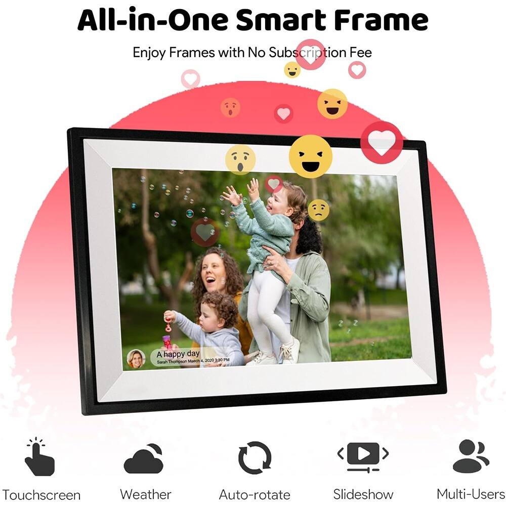 All-in-One Smart Frame  
Enjoy Frames with No Subscription Fee  

A happy day  
Sarah Thompson  
March 4, 2020, 3:30 PM  

Touchscreen  
Weather  
Auto-rotate  
Slideshow  
Multi-Users