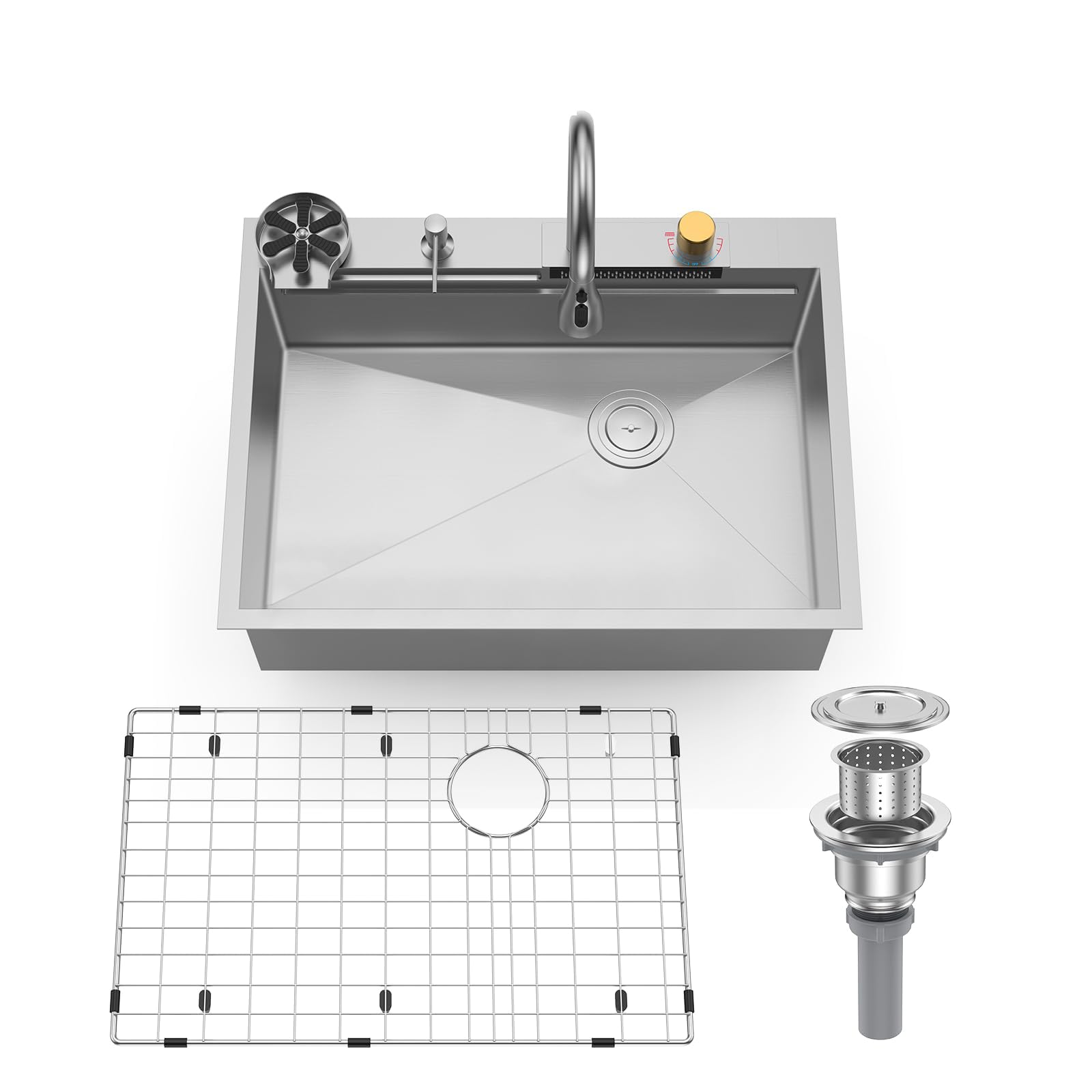 Alt View 4. GARVEE - 30 Inch Waterfall Kitchen Sink Set, Brushed Nickel 16-Gauge Stainless Steel Single Bowl w/Accessories - Silver.