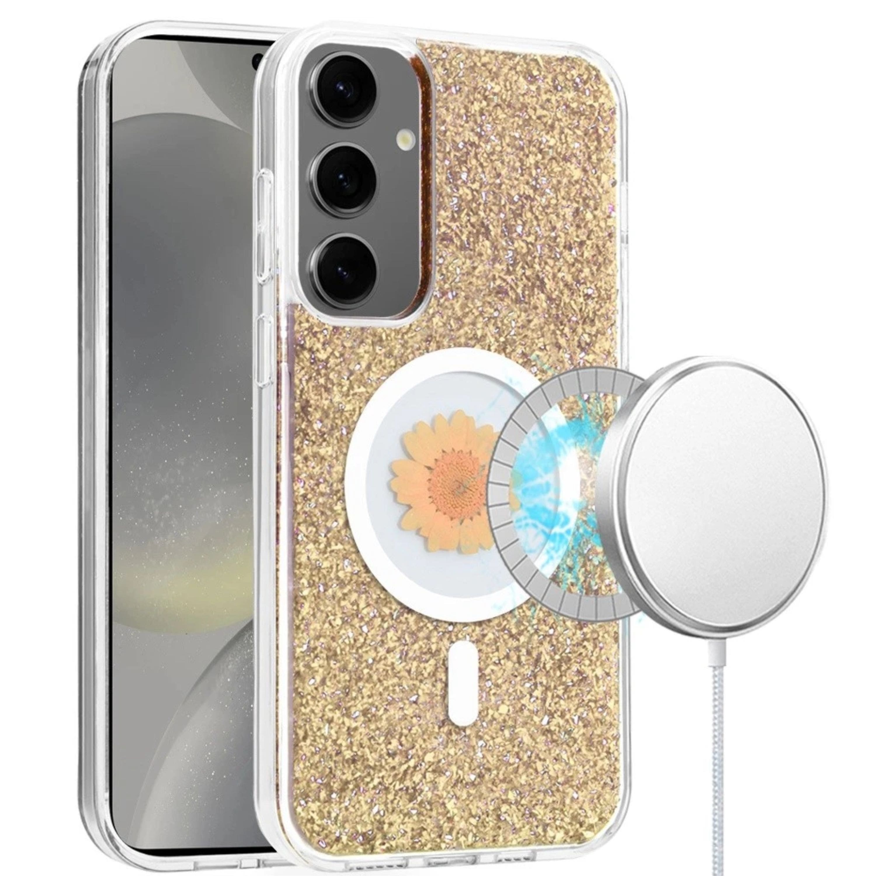 Kitcheniva - Elegant Floral Resin Hybrid Case With Tempered Glass For Samsung S25/S24 - Gold price history on PriceWatchPro