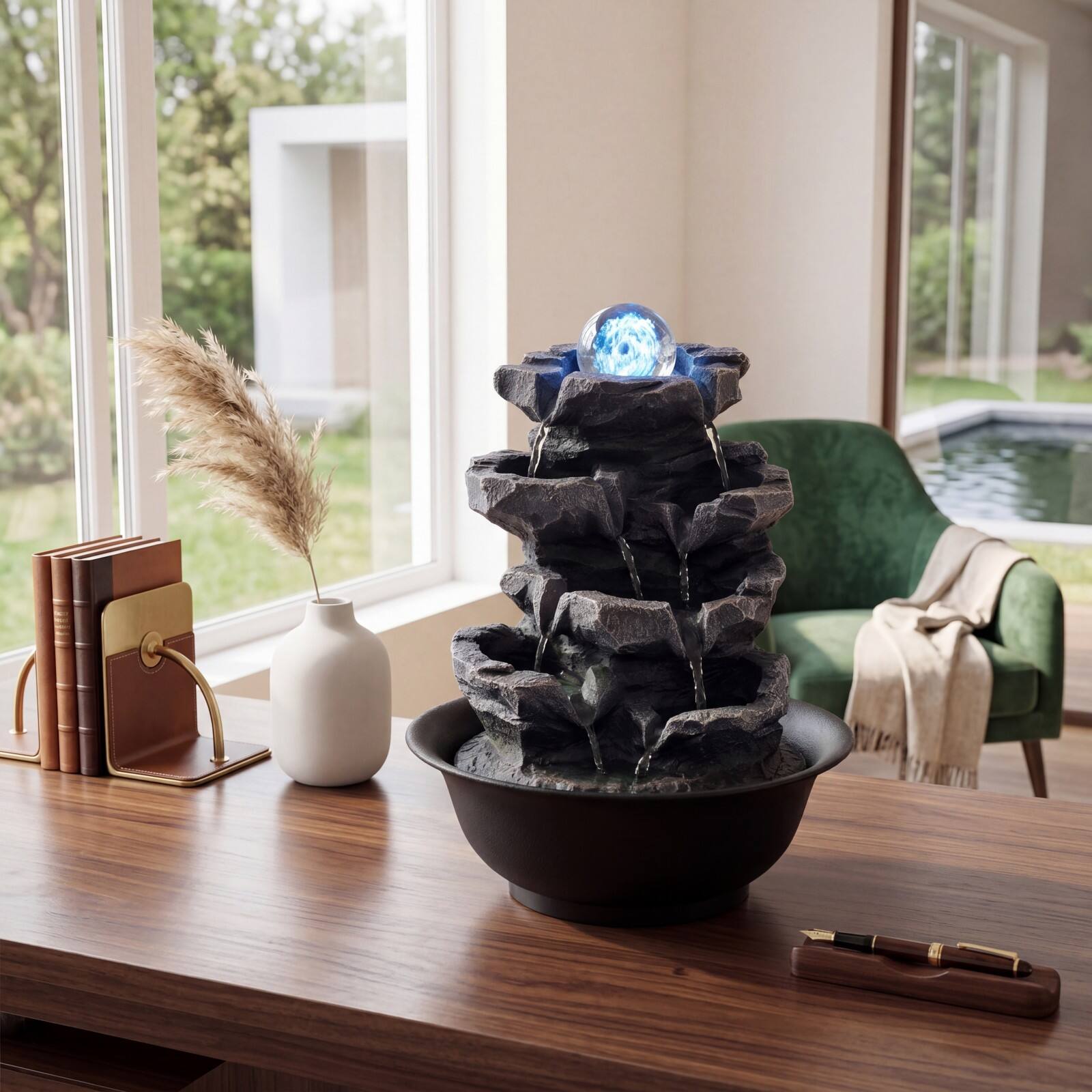 Alt View 3. Costway - Costway Tabletop Water Fountain with Rolling Crystal Ball, Color-Changing LED Light, Pump - Black.
