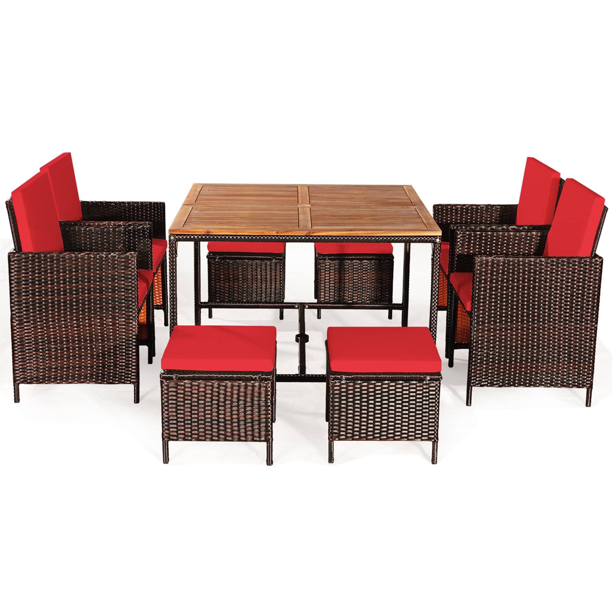 Alt View 1. Gymax - Gymax 9PC Rattan Wicker Patio Dining Set Outdoor Furniture Set w/ Red Cushion - as pic.