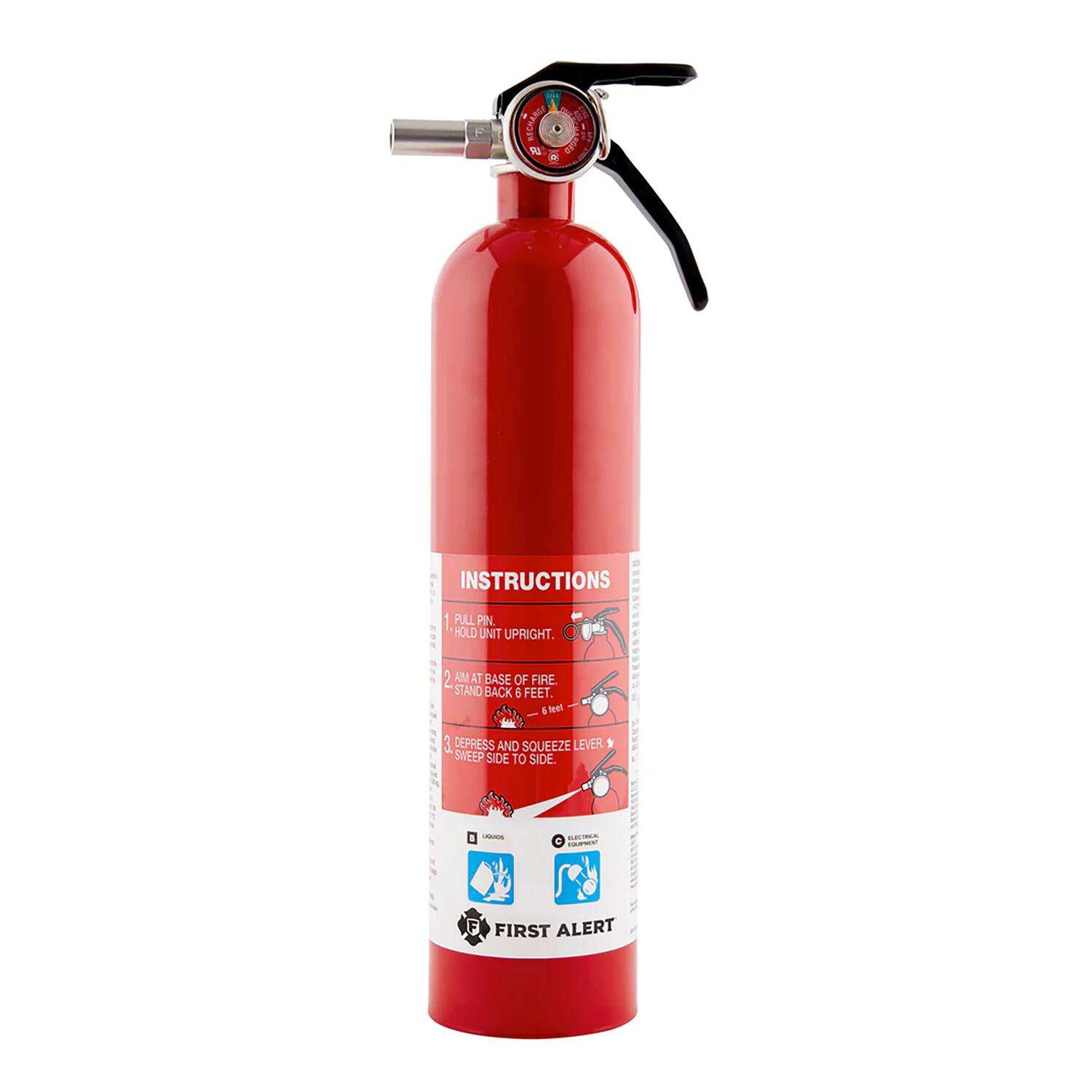INSTRUCTIONS

1. PULL PIN, HOLD UNIT UPRIGHT.
2. AIM AT BASE OF FIRE, STAND BACK 6 FEET.
3. DEPRESS AND SQUEEZE LEVER, SWEEP SIDE TO SIDE.

FIRST ALERT