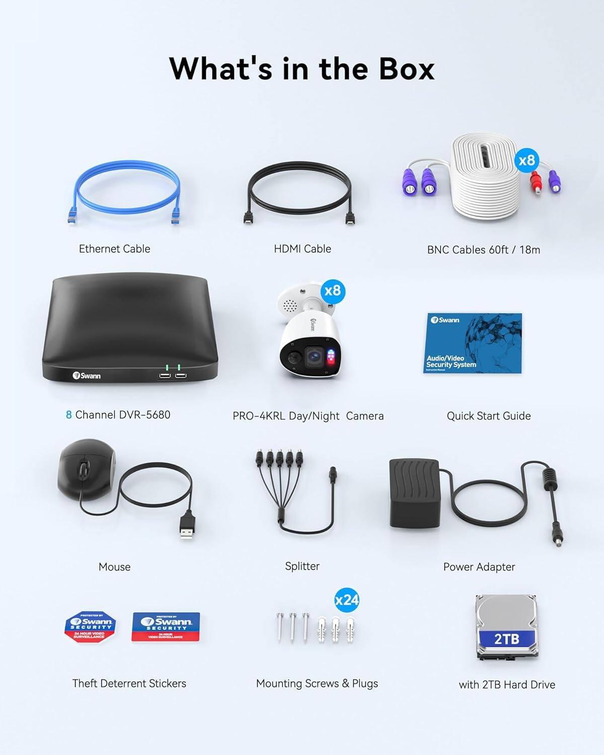 What's in the Box:

* x8 Ethernet Cable
* HDMI Cable
* BNC Cables (60ft / 18m)
* Swann Audio/Video Security System
* 8 Channel DVR-5680 PRO-4KRL Day/Night Camera
* Quick Start Guide
* Mouse Splitter
* Power Adapter (x24)
* Swann DOURITY -- Swann SOURITY Man 2TB Theft Deterrent Stickers
* Mounting Screws & Plugs with 2TB Hard Drive