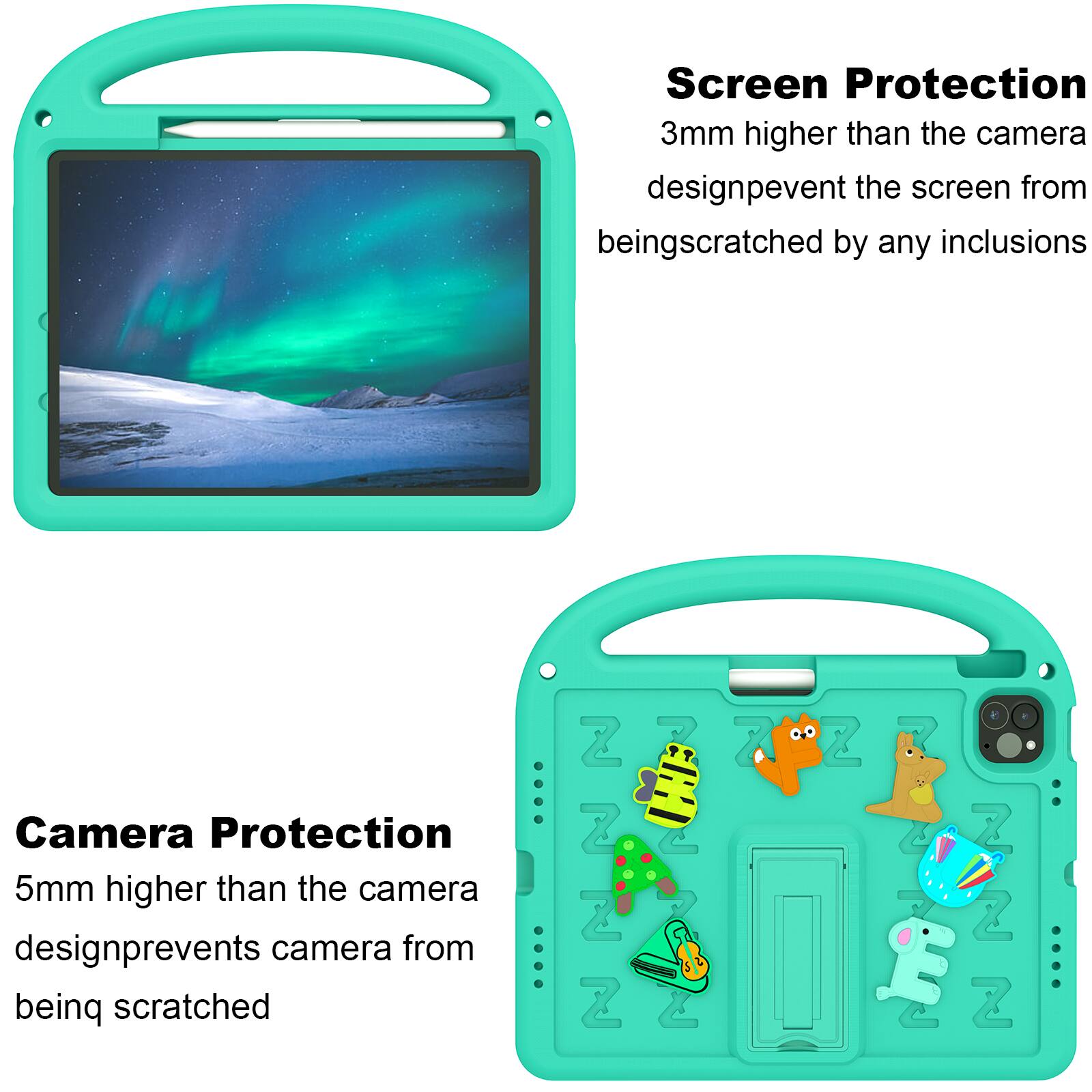 Screen Protection  
3mm higher than the camera design prevents the screen from being scratched by any inclusions

Camera Protection  
5mm higher than the camera design prevents the camera from being scratched