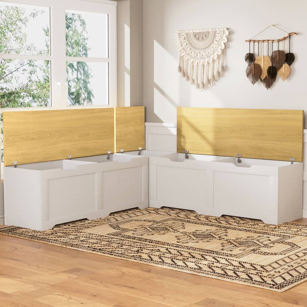 Alt View 2. Ropilly - Ropilly L-Shaped Storage Bench with Cushion, Corner Seating for Kitchen and Reading Nook, White and Natural - White and Natural.