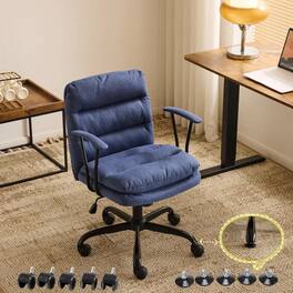 Winado - Dual-Base Desk Chairs Removable Armrests,Adjustable Rolling Swivel Computer Chair for Office Makeup Vanity Linen Fabric - Navy Blue