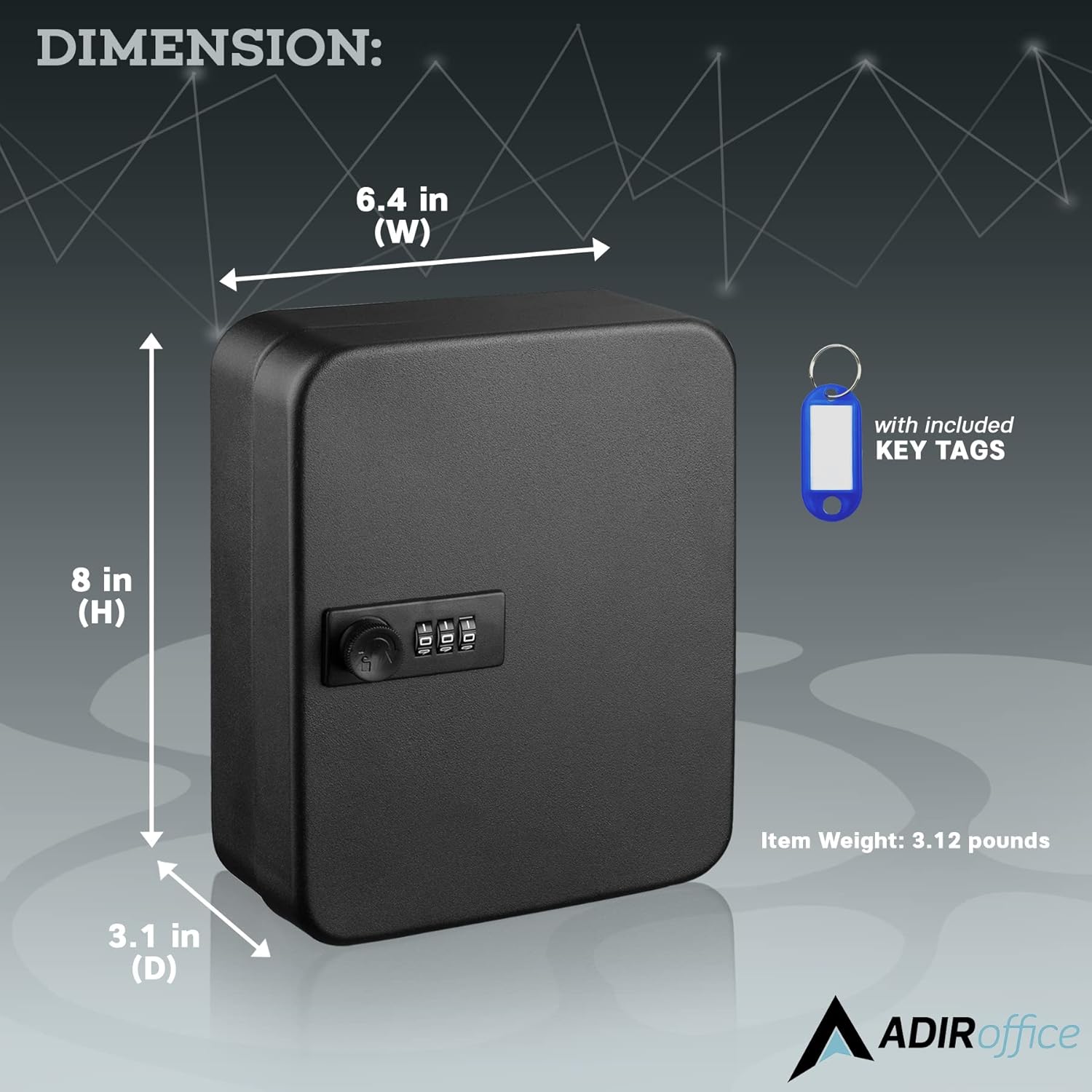 DIMENSION: 6.4 in (W) 8 in (H) 3.1 in (D) with included KEY TAGS Item Weight: 3.12 pounds ADIR ADIRoffice