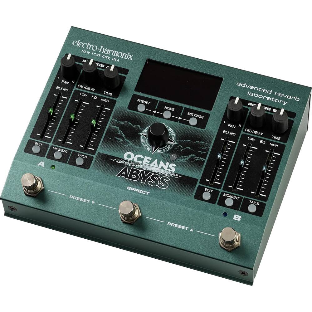 electro-harmonix  
NEW YORK CITY, USA  

advanced reverb laboratory  

OCEANS ABYSS  

RF R8  

PAN R  
BLEND  
PRE-DELAY  
LOW  
EQ  
HIGH  
TIME  

EDIT  
MOMENT  
TAILS  
PRESET  

HOME  
SETTINGS  

PAN L  
BLEND  
PRE-DELAY  
LOW  
EQ  
HIGH  
TIME  

EDIT  
MOMENT  
TAILS  
PRESET  

A  
B