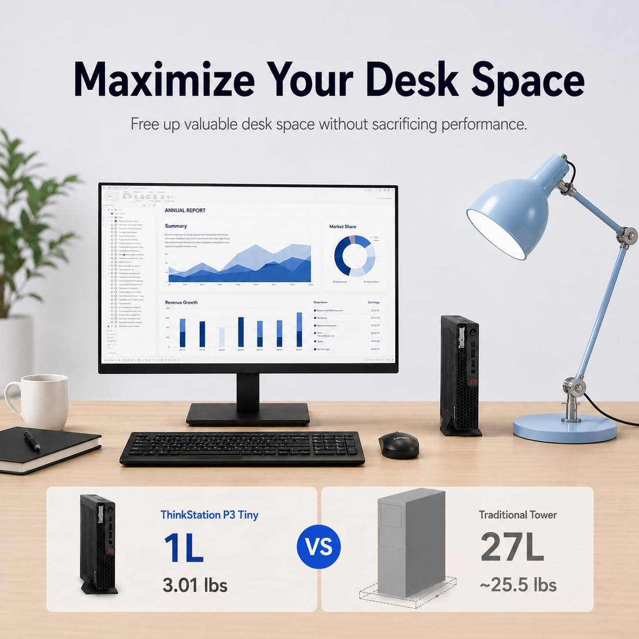 Maximize Your Desk Space  
Free up valuable desk space without sacrificing performance.

ANNUAL REPORT  
Summary

ThinkStation P3 Tiny  
1L  
3.01 lbs

VS

Traditional Tower  
27L  
~25.5 lbs