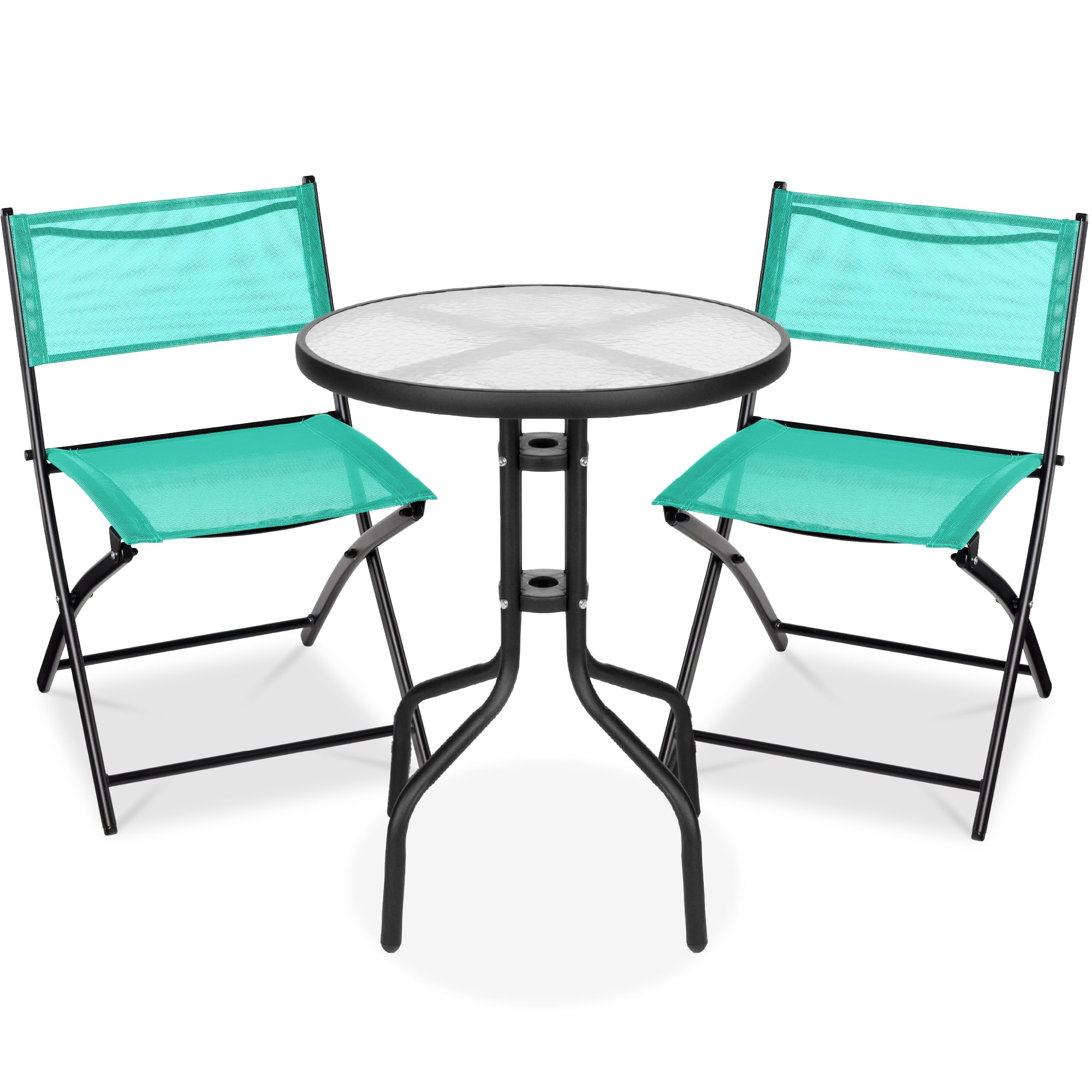 Best Choice Products - 3-Piece Patio Bistro Dining Furniture Set w/ Glass Tabletop, Folding Chairs - Mint
