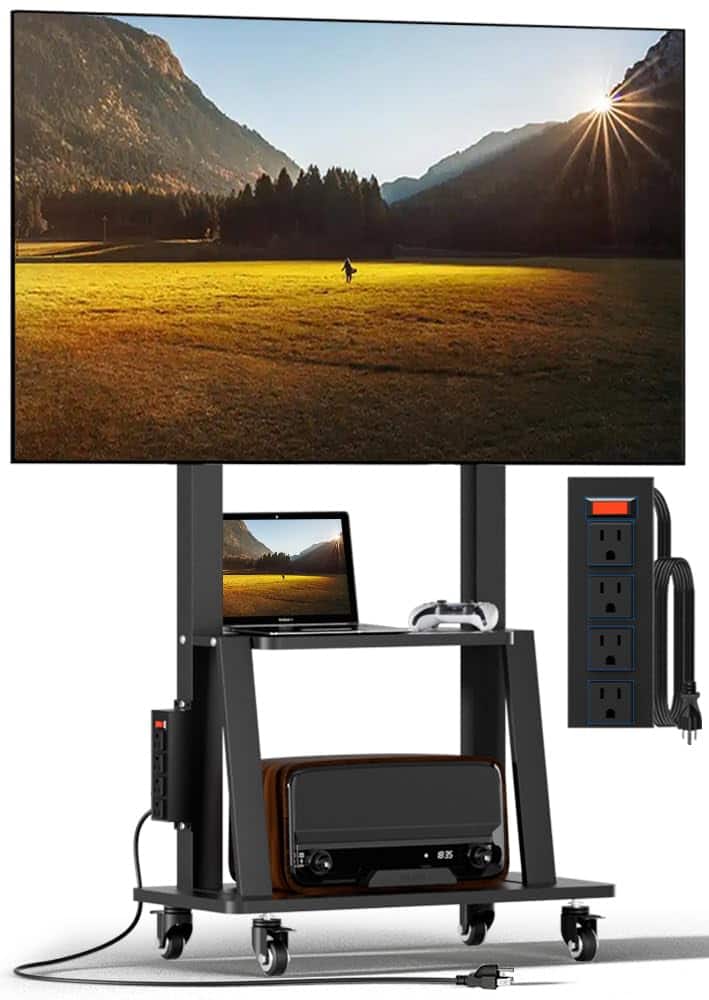 Hanke - Mobile Tv Cart With Power Outlet Rolling Stand On Wheels For 32- Television Height Adjustable 15 Viewing An - 32-75 inch tilt