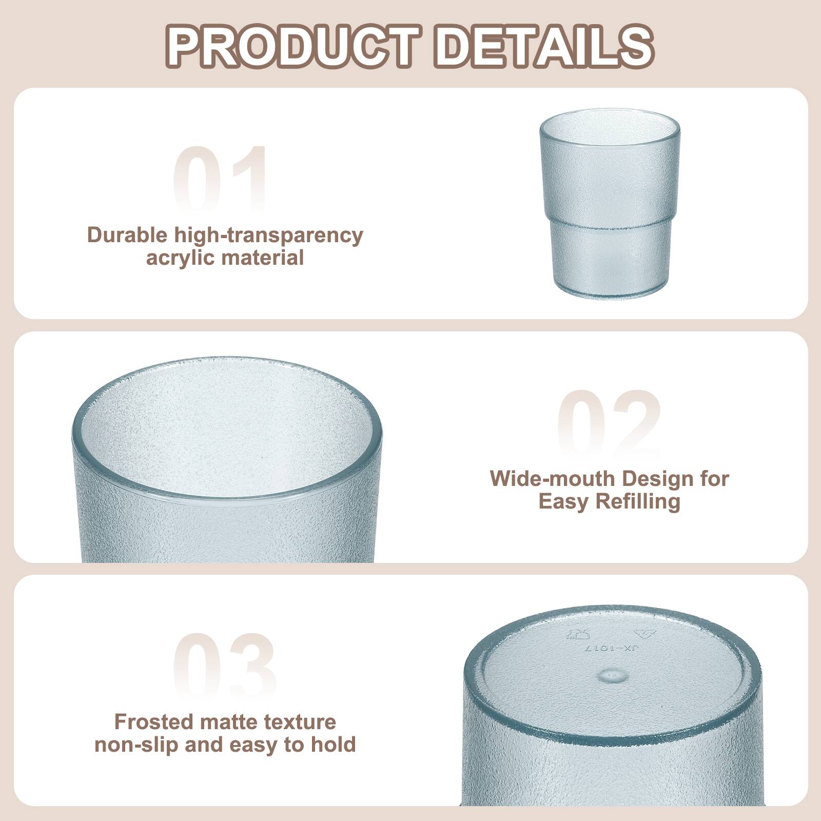 PRODUCT DETAILS

01 Durable high-transparency acrylic material

02 Wide-mouth Design for Easy Refilling

03 Frosted matte texture non-slip and easy to hold

2ES JX-1017