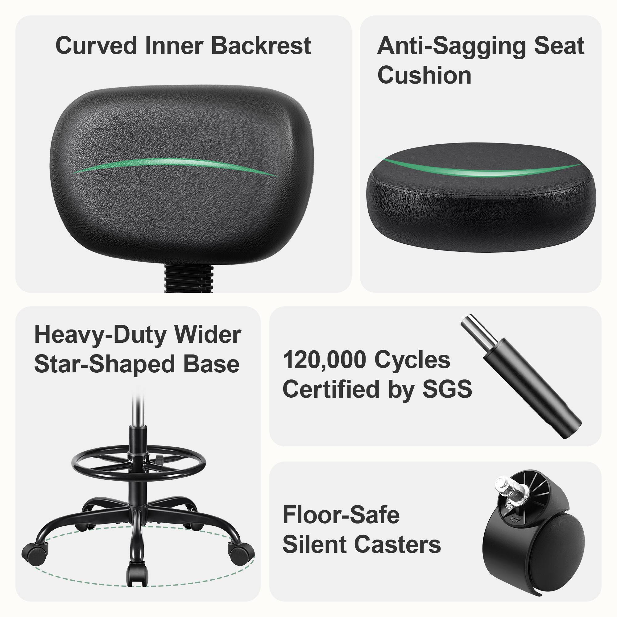 Curved Inner Backrest  
Anti-Sagging Seat Cushion  
Heavy-Duty Wider Star-Shaped Base  
120,000 Cycles Certified by SGS  
Floor-Safe Silent Casters