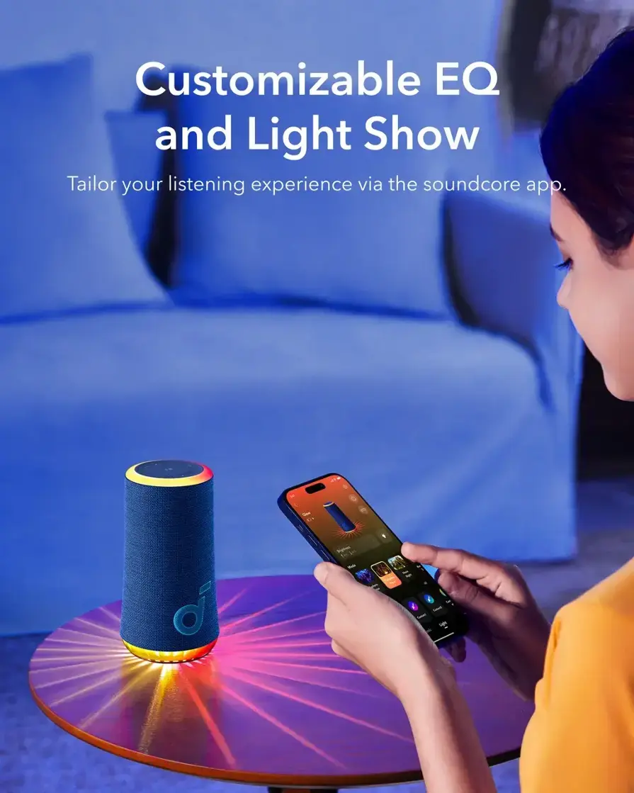 Customizable EQ and Light Show Tailor your listening experience via the Soundcore app.