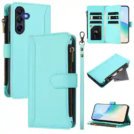 Dteck - Crossbody Wallet Case for Samsung Galaxy A17 5G, Shockproof Zipper PU Leather Flip Stand Cover with 9 Card Slots - Mint