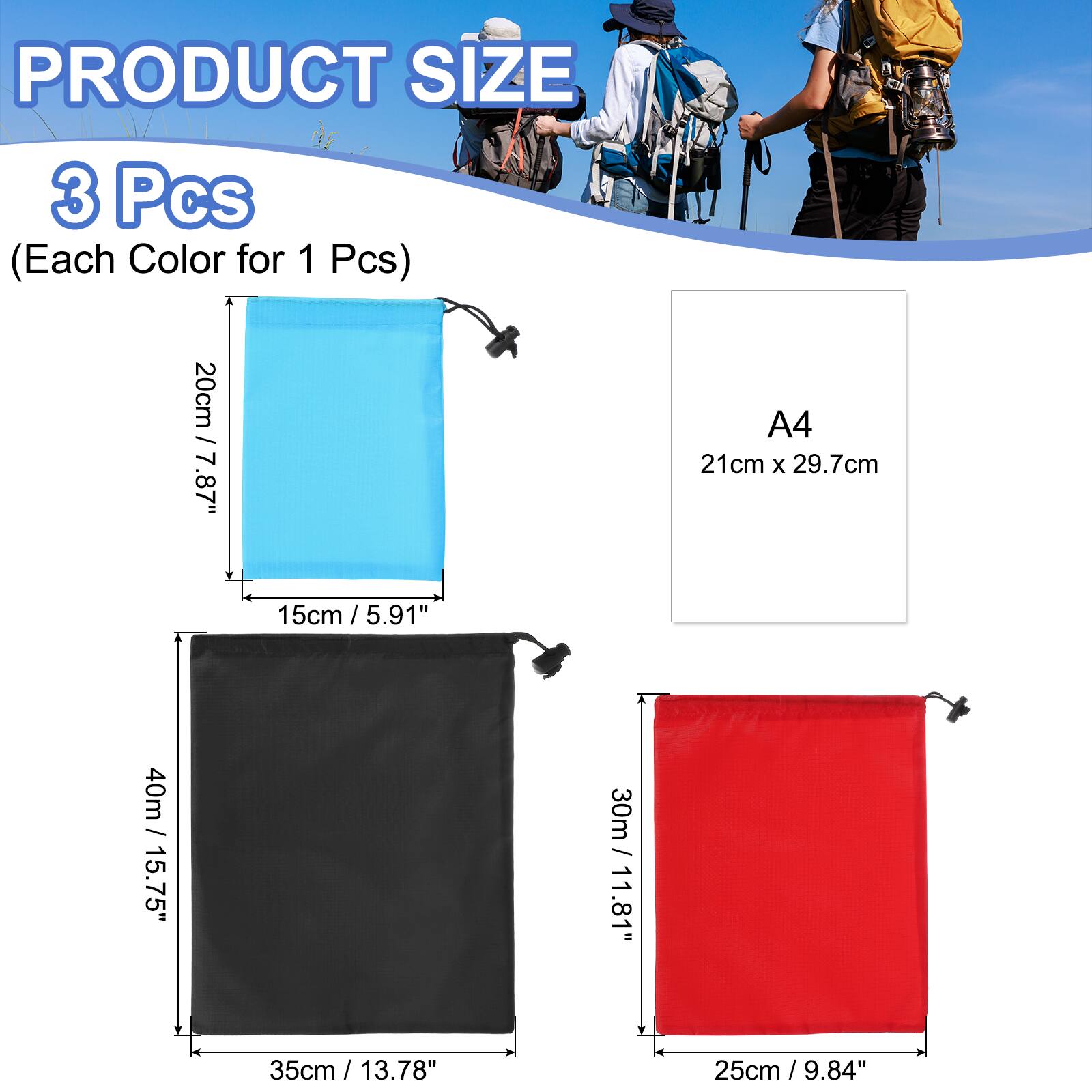 PRODUCT SIZE

3 Pcs (Each Color for 1 Pcs)

- 20cm / 7.87" x 15cm / 5.91"
- A4 21cm x 29.7cm
- 40m / 15.75" x 35cm / 13.78"
- 30m / 11.81" x 25cm / 9.84"