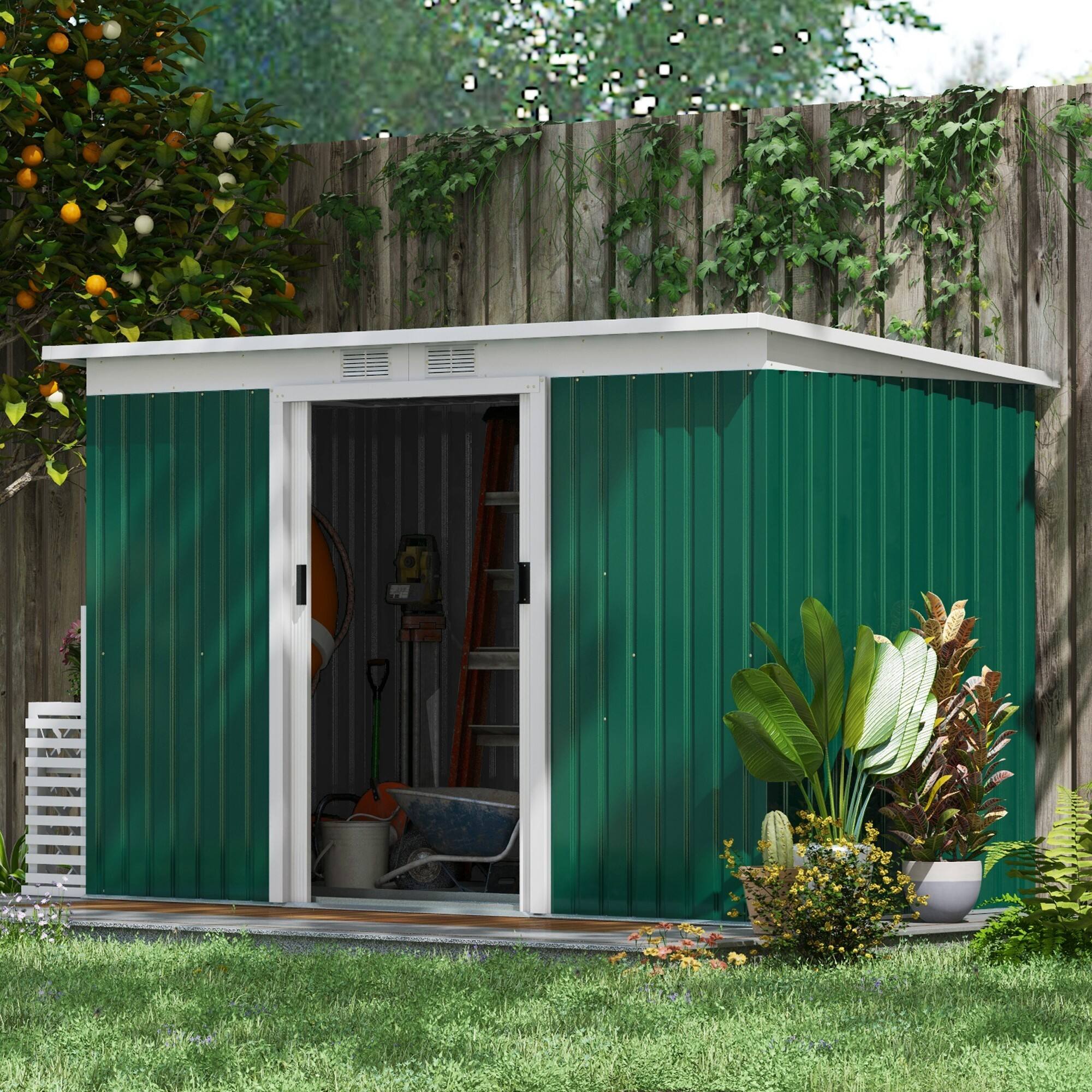 Alt View 1. Outsunny - 9' x 4' Outdoor Storage Shed, Metal Garden Tool House with Sloping Roof and Lockable Door for Backyard, Bike, Patio.