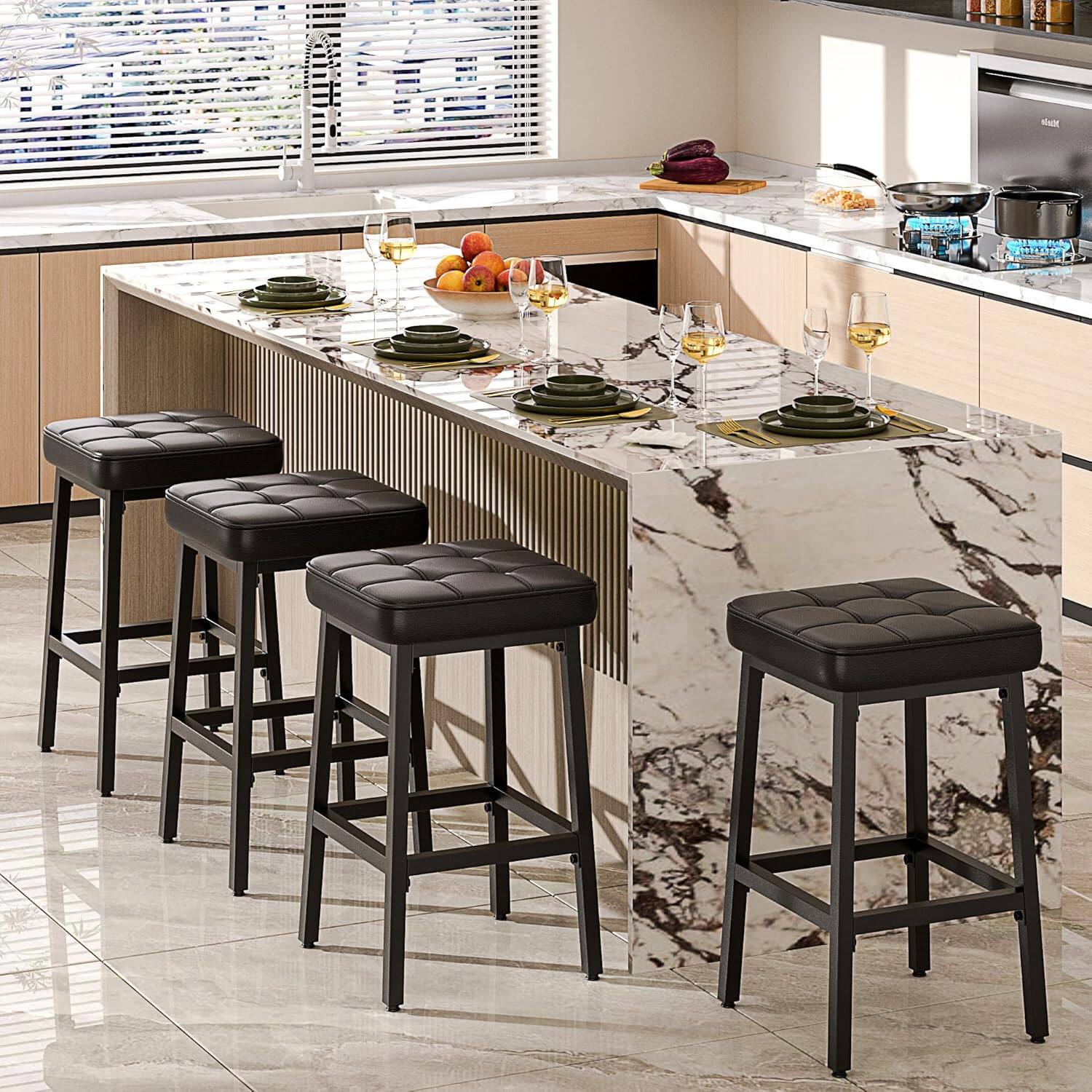 Alt View 2. Vecelo - Set of 2 PU Leather Counter Height Stools, Bar Stools for Kitchen Island with Footrest, Metal Frame - Black.