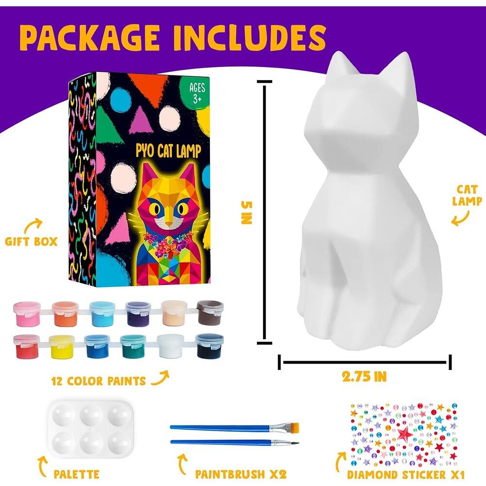 PACKAGE INCLUDES

AGES 3+  
PYO CAT LAMP  
GIFT BOX  
5 IN CAT LAMP  
12 COLOR PAINTS  
2.75 IN PALETTE  
PAINTBRUSH X2  
DIAMOND STICKER X1