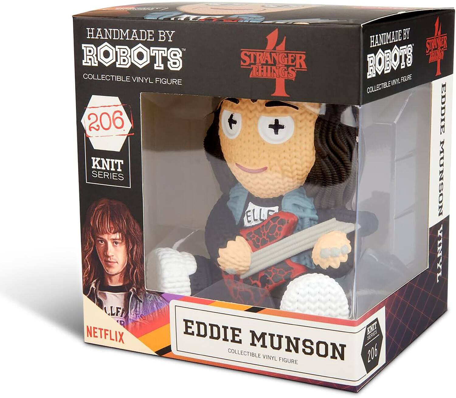 The text on the image is:

"Handmade by Robots Stranger Things Collectible Vinyl Figure 206 Knit Series Eddie Munson Collectible Vinyl Figure Netflix"

Corrected and grouped text:

"Handmade by Robots Stranger Things Collectible Vinyl Figure 206 Knit Series Eddie Munson Collectible Vinyl Figure Netflix"