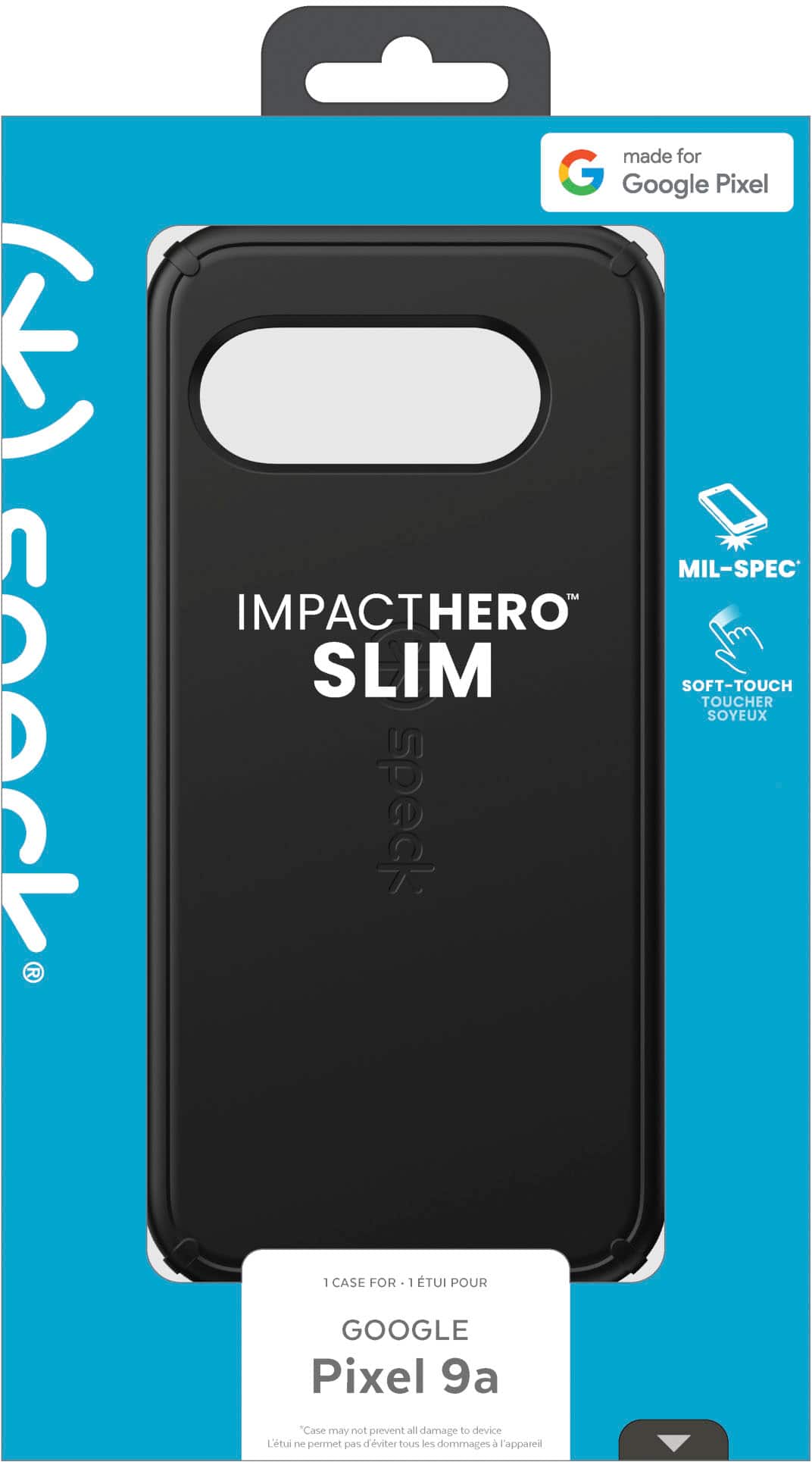 The text on the image reads: "Made for Google Pixel 9a. Case may not prevent all damage to device."