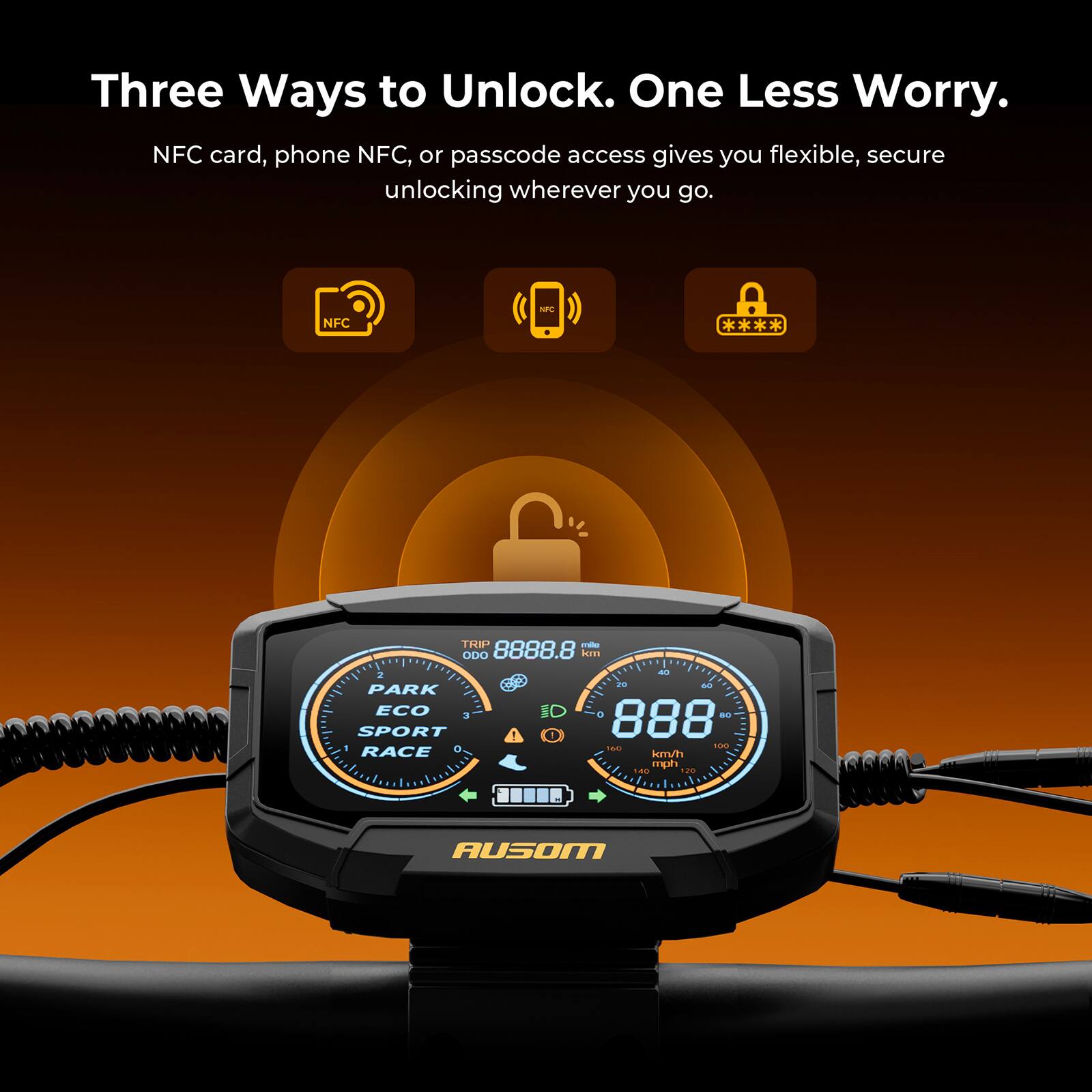 Three Ways to Unlock. One Less Worry.  
NFC card, phone NFC, or passcode access gives you flexible, secure unlocking wherever you go.  

NFC TRIP - ODO 8888.8  
huTI 2 - a.  
N PARK ECO 3 I 9 ..  
SPORT 1 888 - TEM RACE knvT mph - 20 AUSOM
