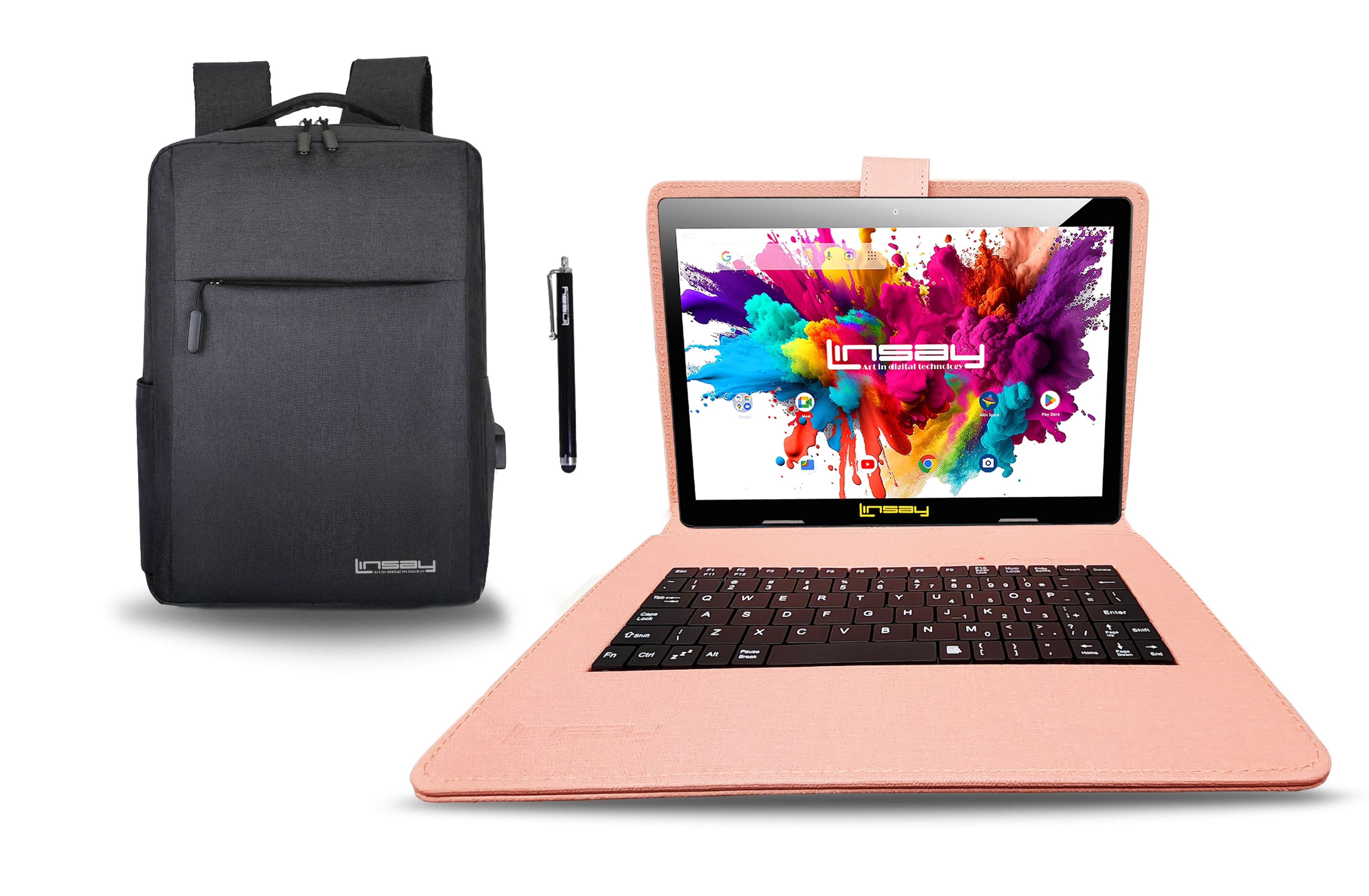 LINSAY - 10.1" Octa Core 128GB Storage Android 15 with Designer Cloth Keyboard Case and Stylish Backpack and Pen Stylus - Peach