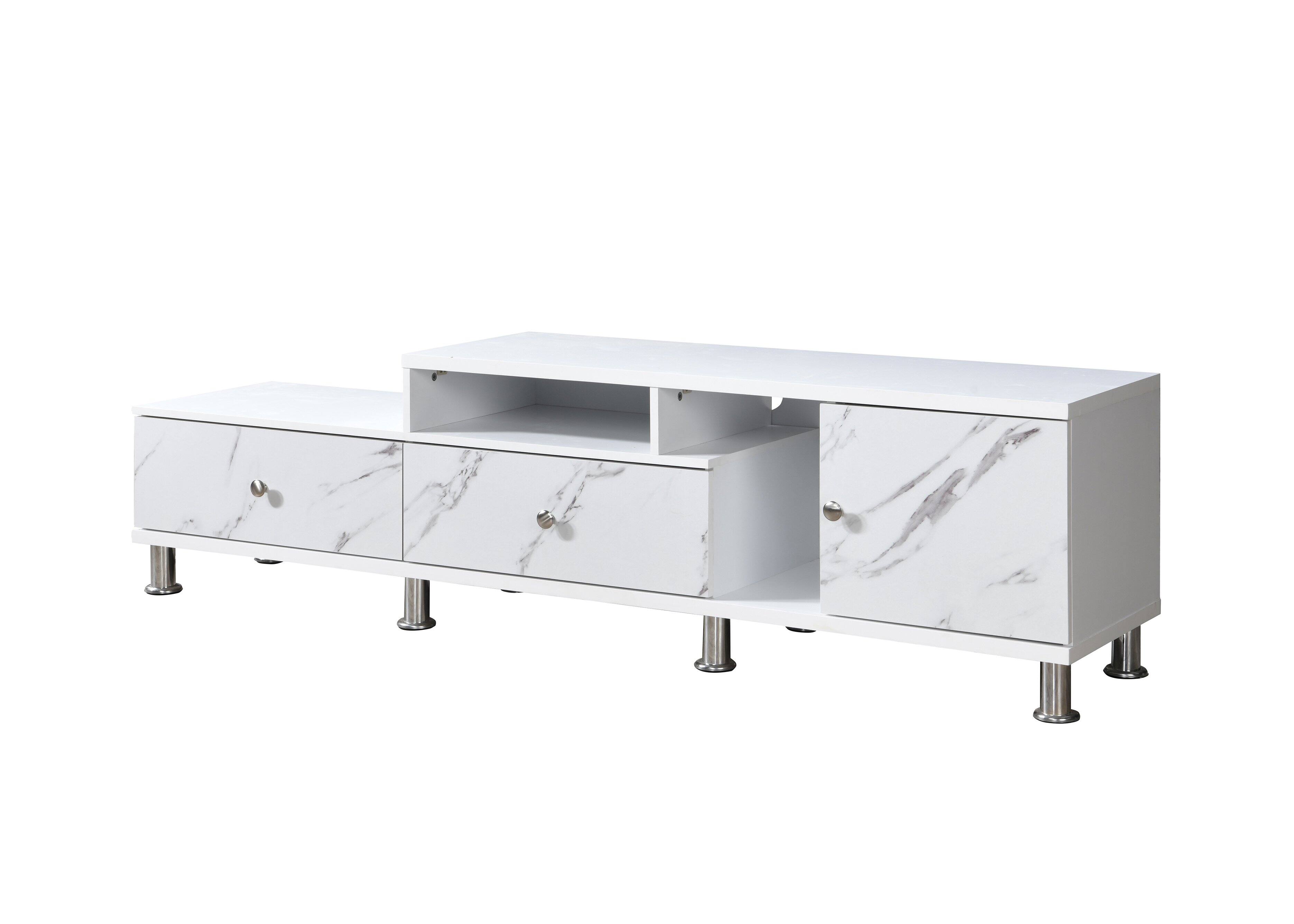 Left. APRILSOUL - 1pc Modern Sleek White Finish Faux Marble Accents Silver-tone Legs TV Stand Console Living Room Furniture - White.