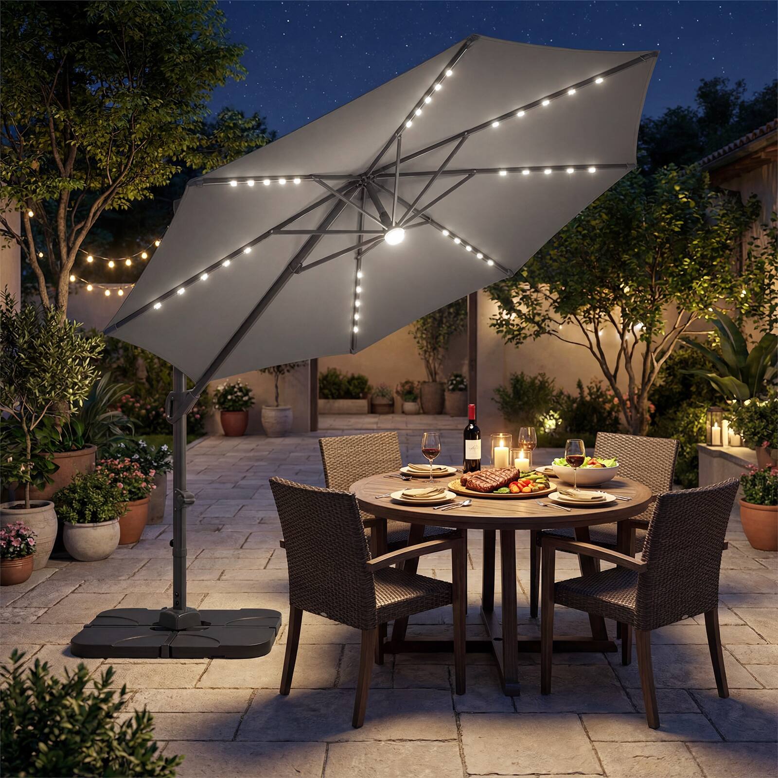 Alt View 1. Costway - Costway 10 FT Cantilever Patio Umbrella with 35 Solar LED Lights 220 LBS Base 360° Rotation - Gray + Black.