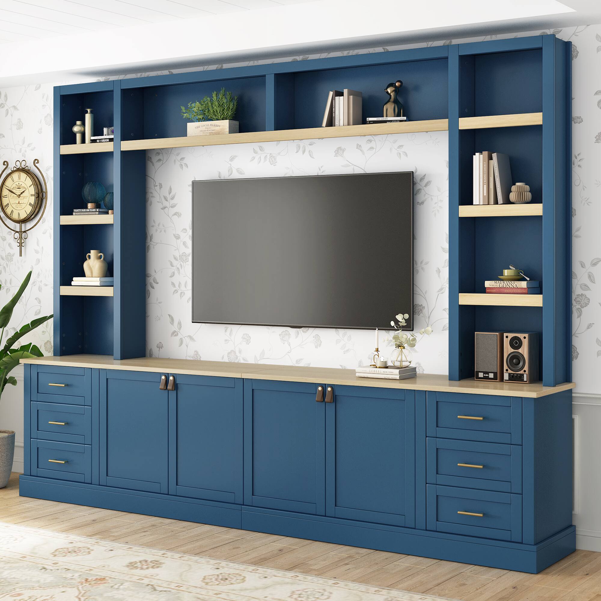 Front. APRILSOUL - 102.3inW 4-Piece Entertainment Center Wall Unit with Adjustable Shelf Bookshelves for TVs Up to 75in 6 Drawers Navy Blue - Navy Blue.