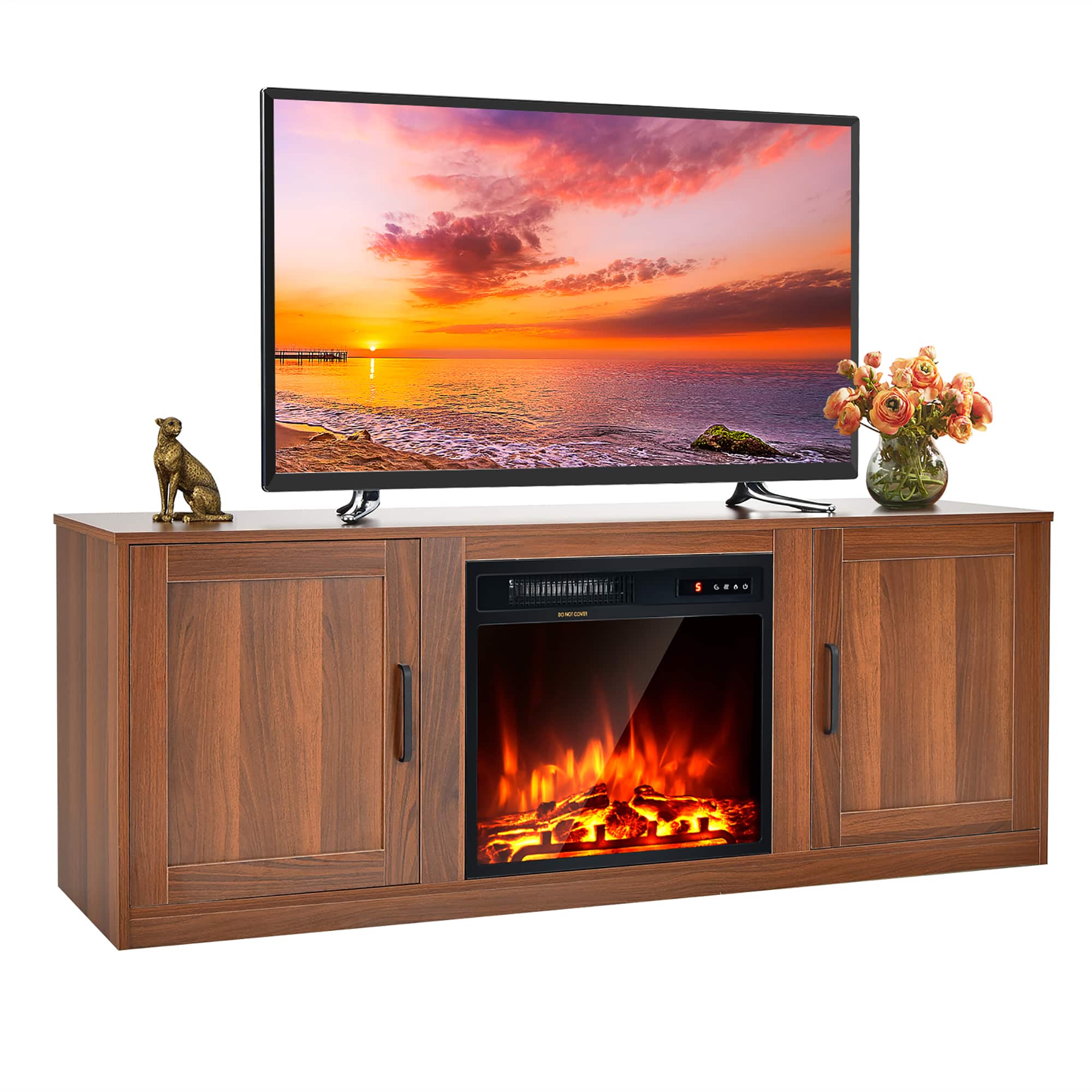 Costway - 58" Fireplace TV Stand Entertainment Console W/ 18" Electric Fireplace - Coffee/Black