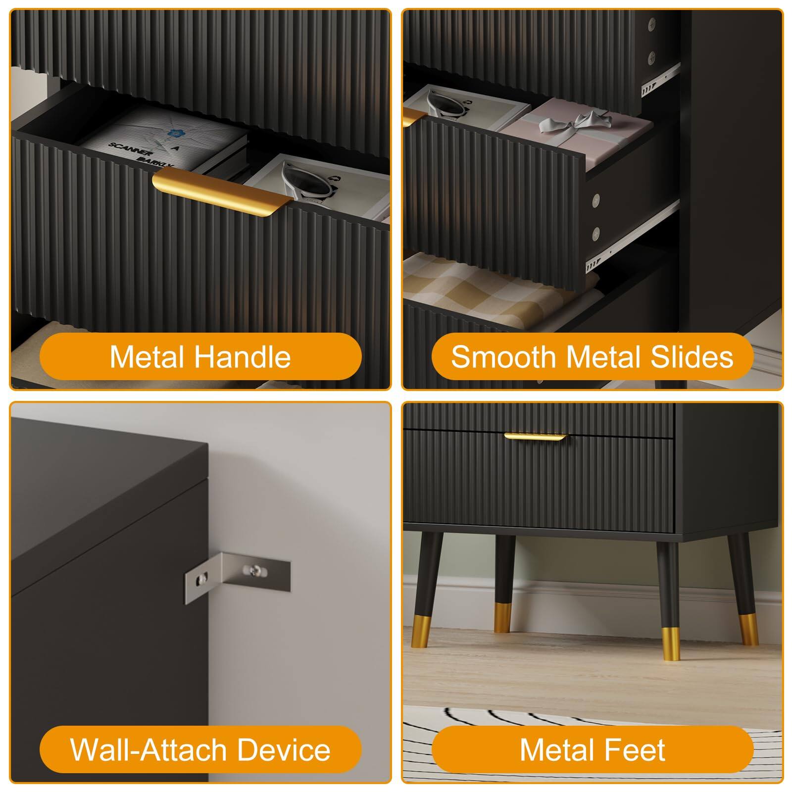 - Metal Handle
- Smooth Metal Slides
- Wall-Attach Device
- Metal Feet