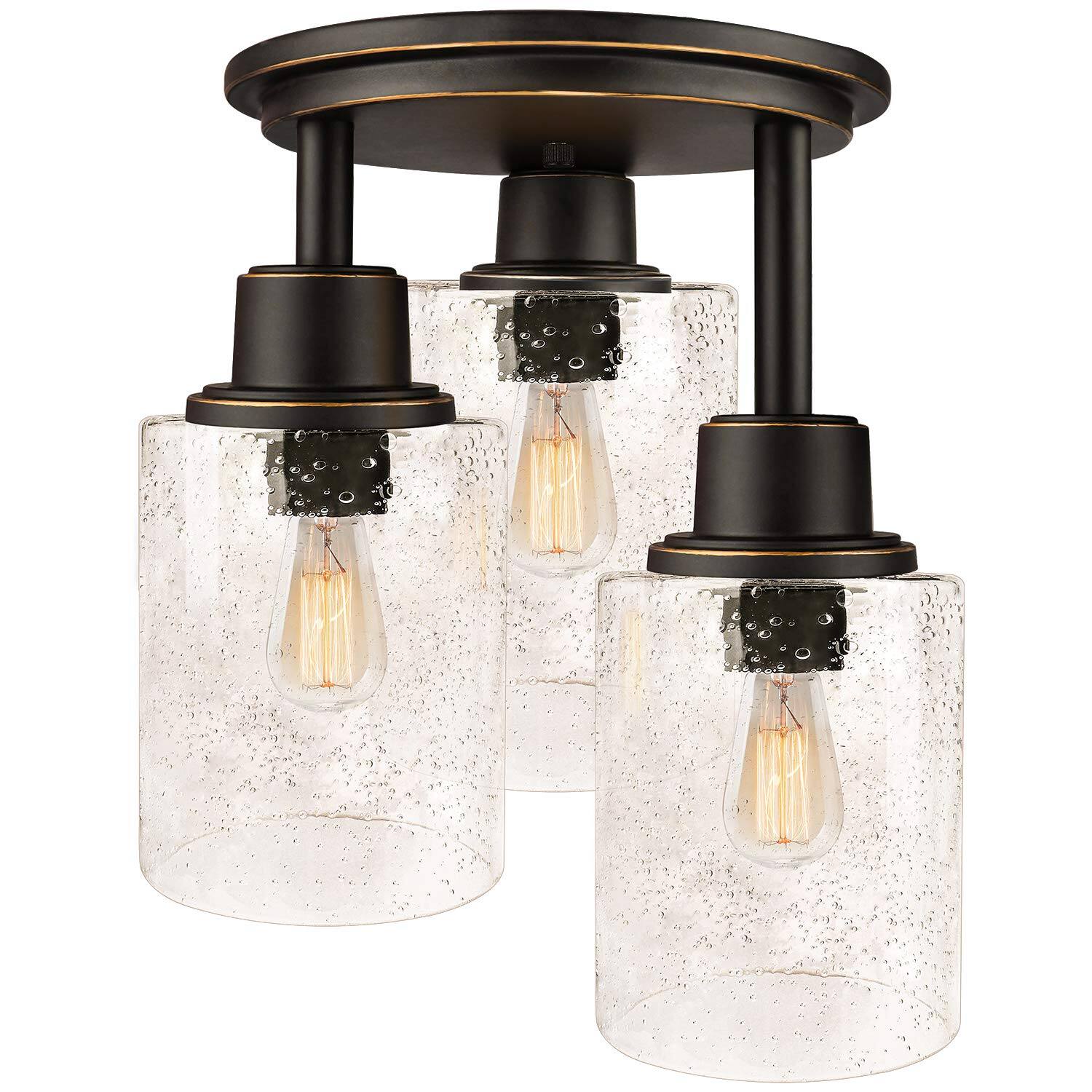 Front. Earthley Blooms - Semi Flush Mount Ceiling Light Close To Fixtures Vintage Oil rubbed Bronze Finish With Clear Seeded Glass S - Black.