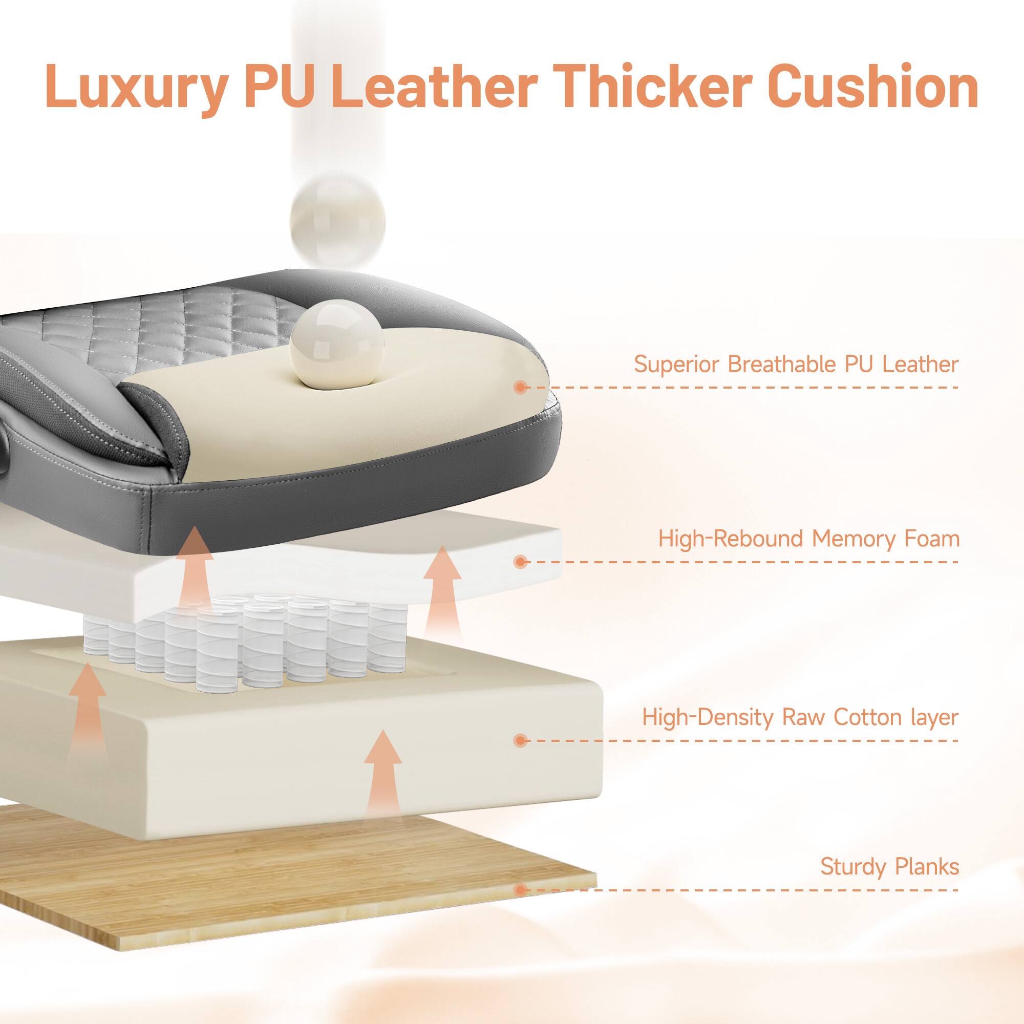 Luxury PU Leather Thicker Cushion

- Superior Breathable PU Leather
- High-Rebound Memory Foam
- High-Density Raw Cotton layer
- Sturdy Planks