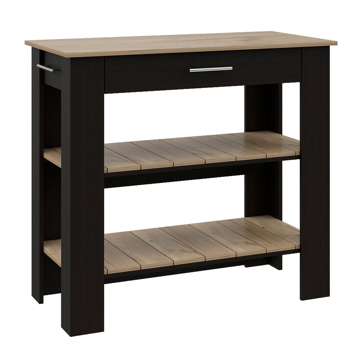 Back. Loheer - Loheer 37 inch tall freestanding kitchen island with two open storage shelves and drawer Black Light Oak - Black / Light Oak.