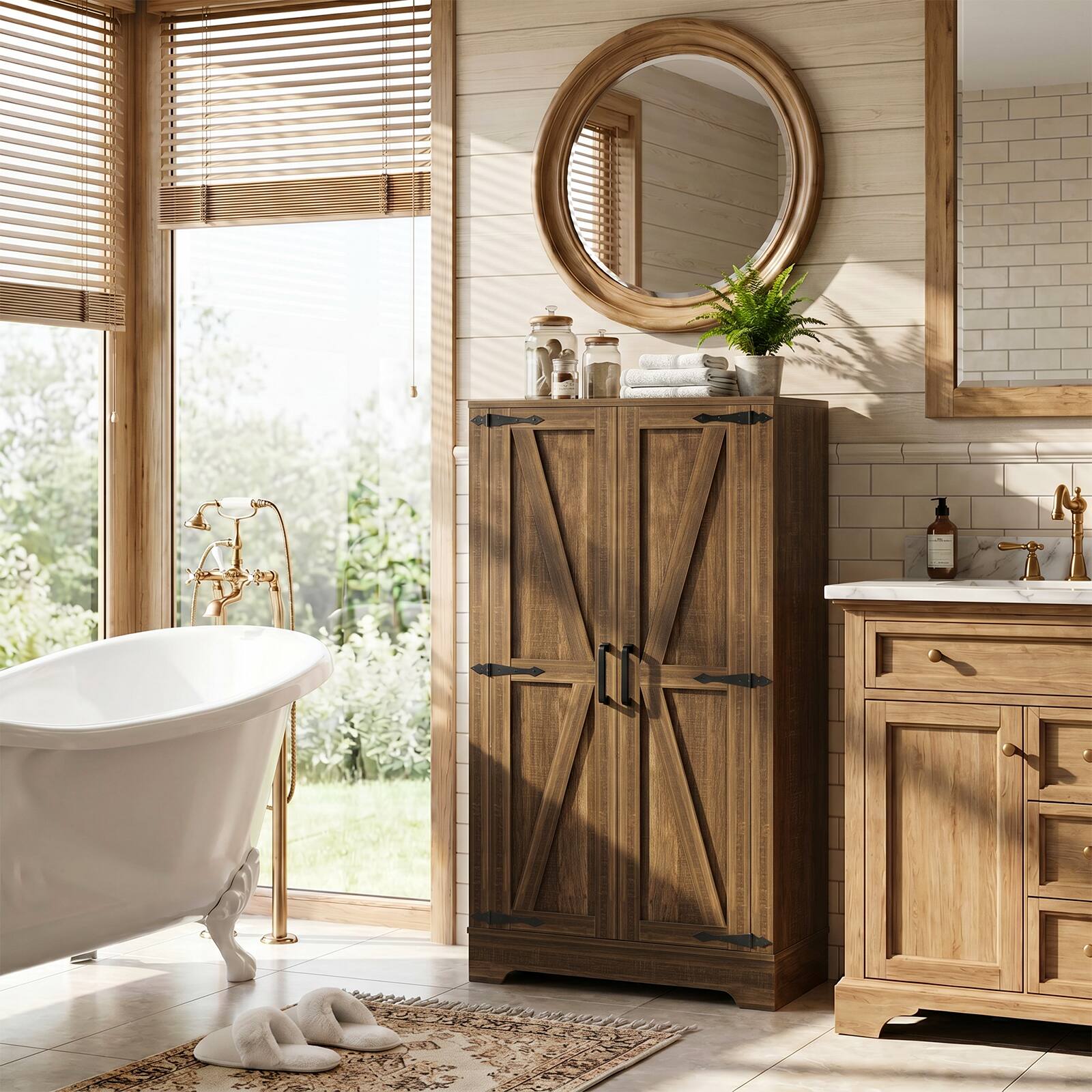 Alt View 2. Aheaplus - Small Bathroom Cabinet with Adjustable Shelves, 43.3'' Tall 2 Door Farmhouse Stoage Cabinet for Organization - Weathered Brown.